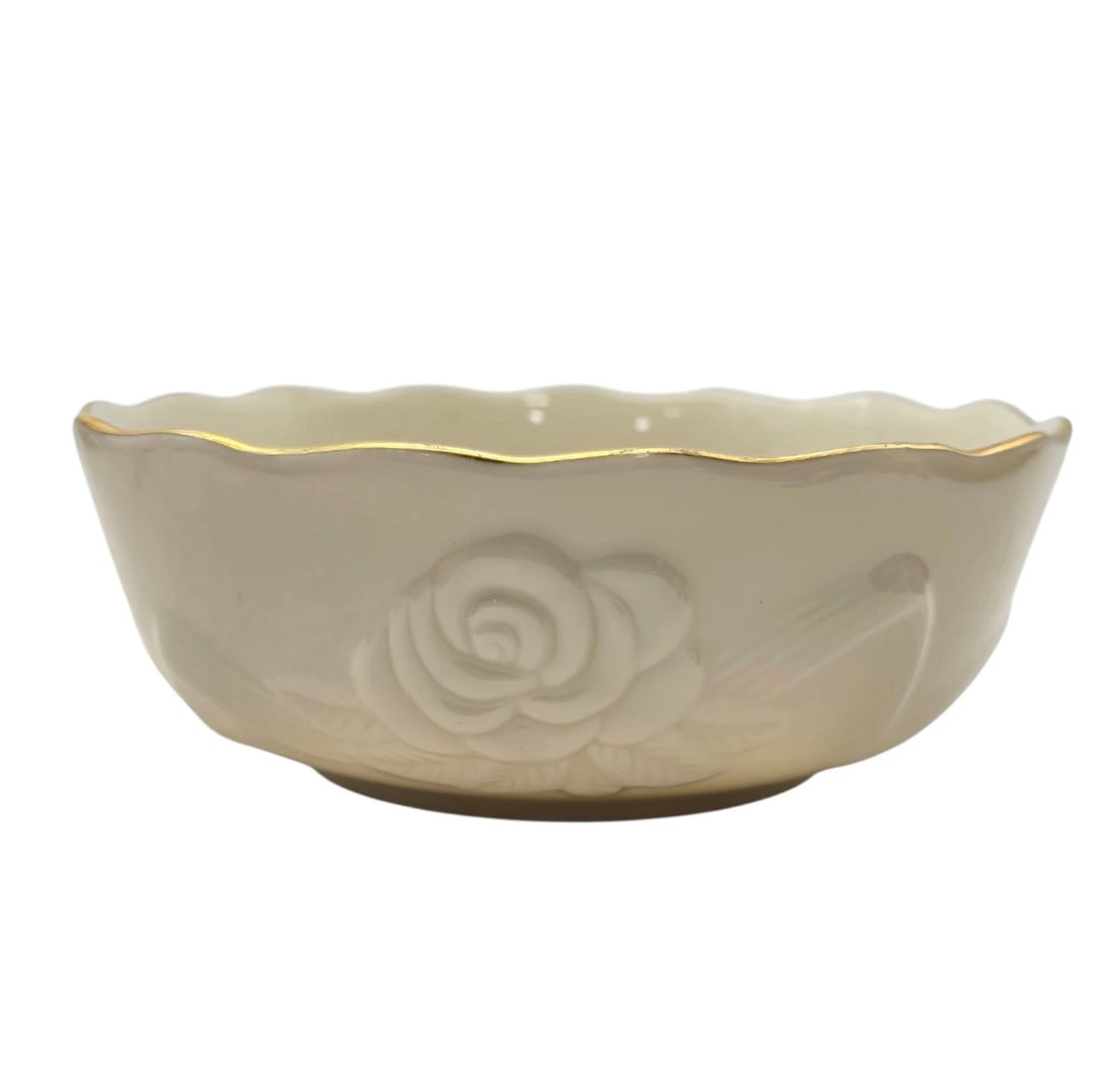 Lenox Eternal Rose Blossom Berry Dessert Bowl Ivory Cream Gold: Elevate your home decor with the Lenox Gold Rim Rose Bowl, a piece that exudes timeless elegance. Crafted from premium materials including porcelain, bone china, and ceramic, this beige ivory cream ca