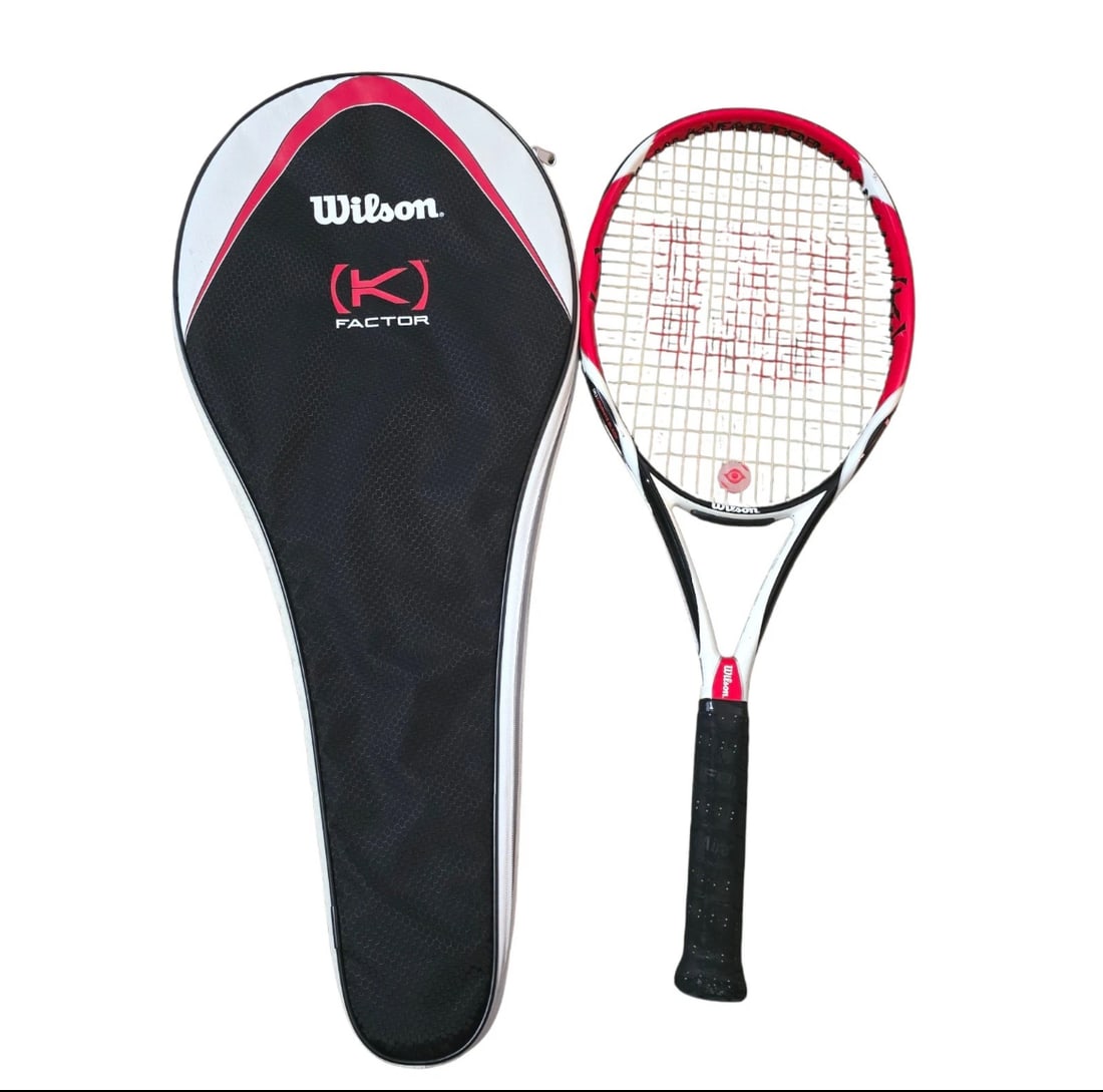 Wilson (K) Factor Tennis Racket with Matching Cover: high-performance Wilson [K] Factor tennis racket featuring a striking red, white, and black cosmetic design. Renowned for its stability, control, and signature [K]onnector technology, this frame is pe