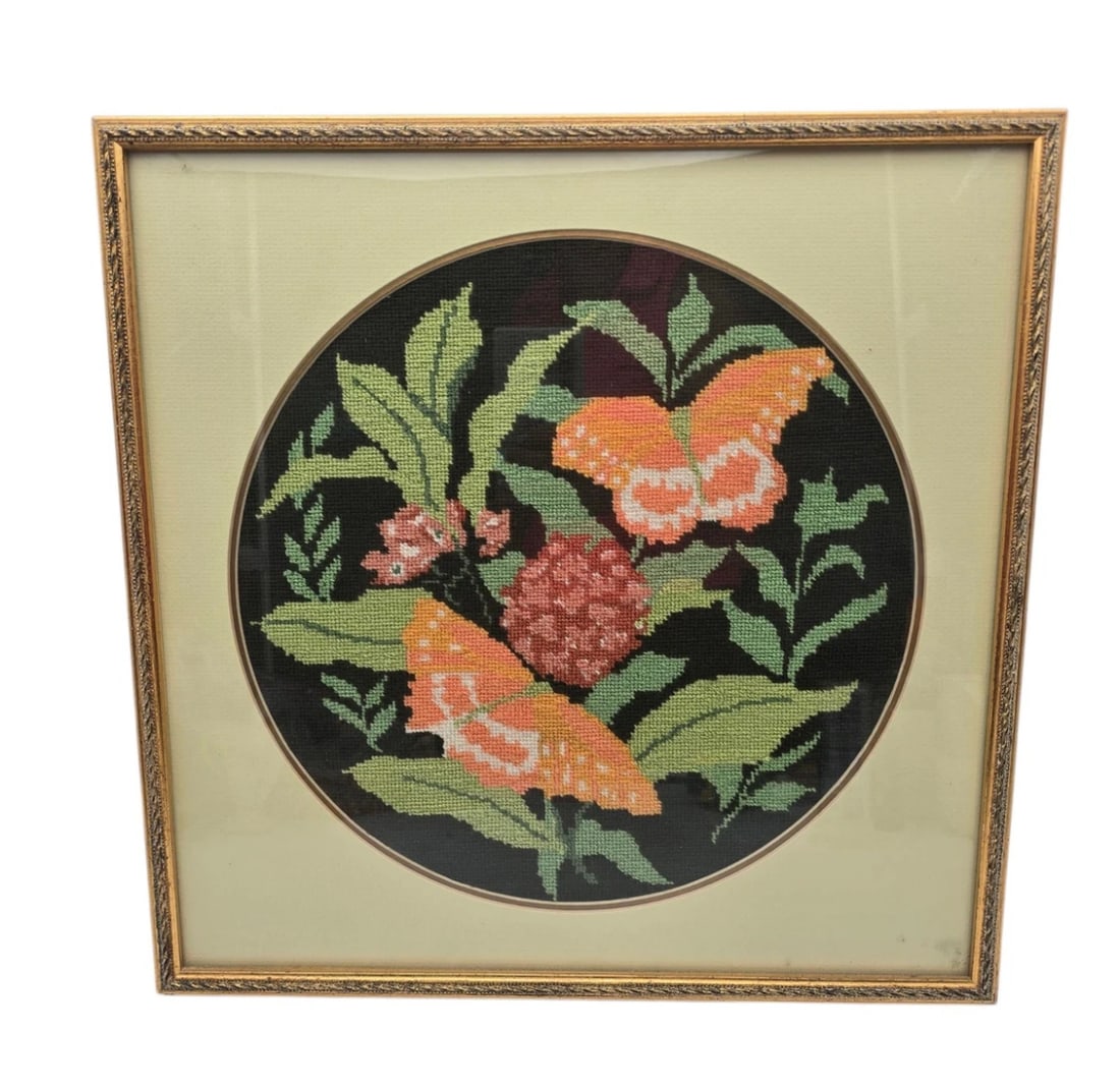 Framed Butterfly Needlepoint Colorful Orange Black Back Ground Boho: Finished Needlepoint / Cross-Stitch Textile ArtFrame Details: Square, vintage gold-finished wood frame with an elegant braided/twisted inner border rope detail. Includes an integrated beige/cream mat 