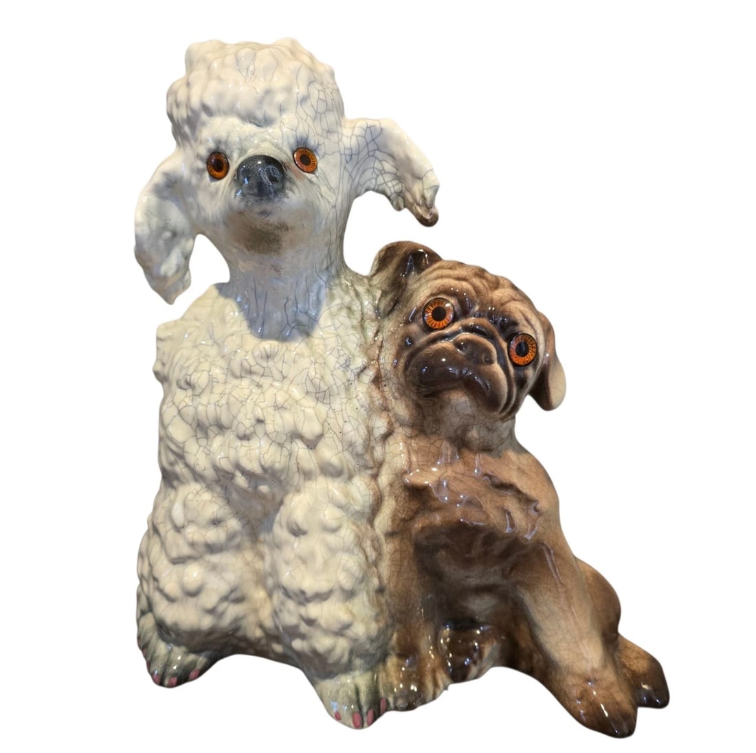 Vintage Howard Kron 1950s Poodle & Pug Dog TV Lamp Light: Glazed Ceramic / Porcelain A wonderfully charming and unique mid-century animal figurine featuring an unlikely pair of canine companions. Standing on the left is an elegant white poodle with detailed,
