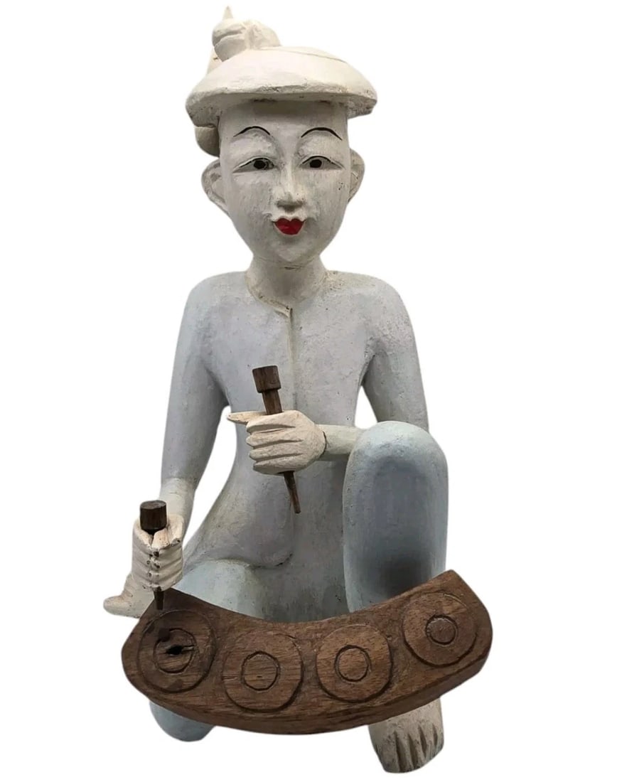 Vintage Asian Burmese Thai Handpainted Wood Carved Temple Musician 17". (1 of 11)
