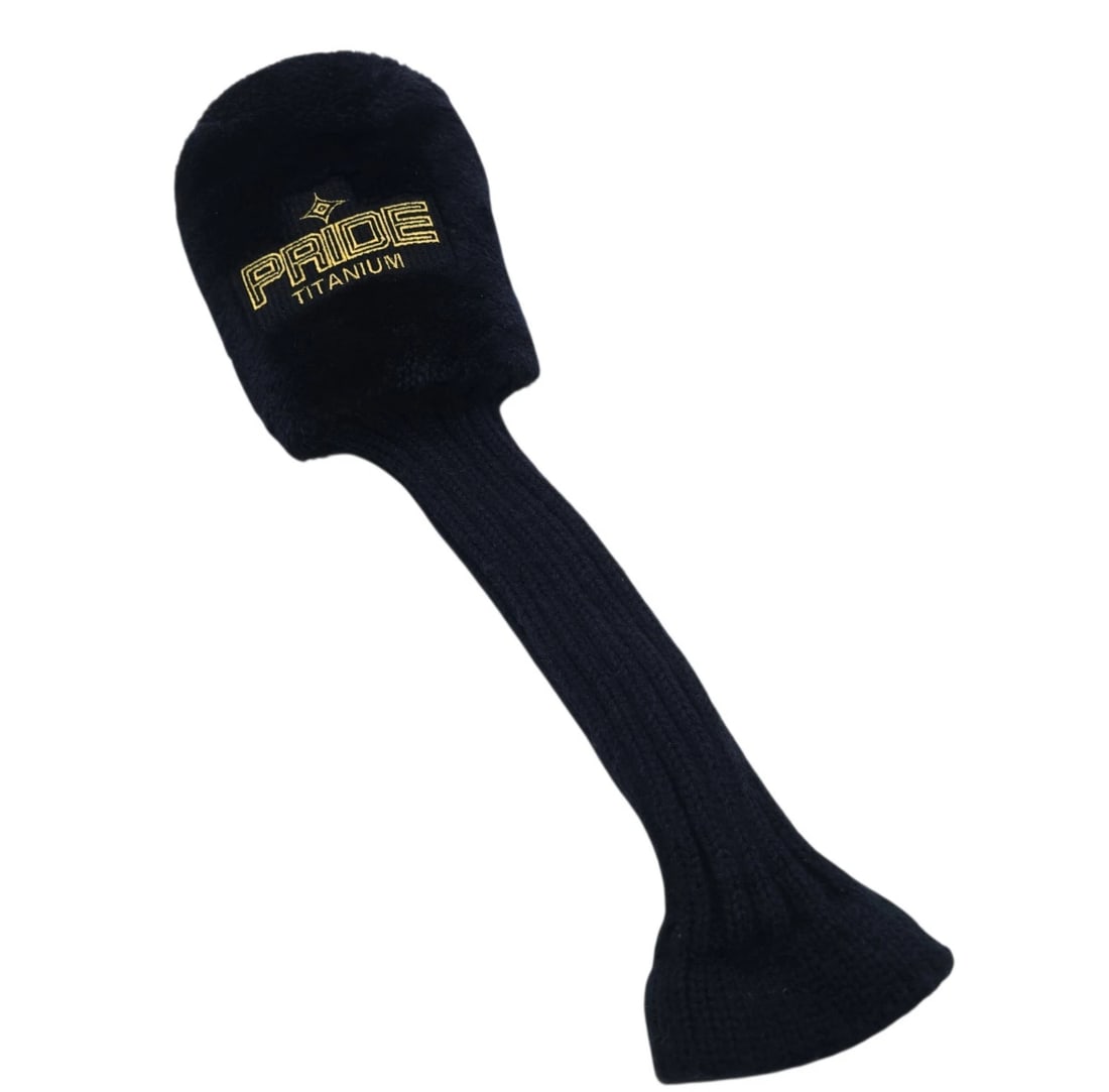 Vintage Pride Titanium Wood Plush Golf Club Head Cover Navy Blue: A vintage premium golf club headcover featuring a luxurious, thick black faux-fur plush padded topper to protect oversized drivers or woods. The lower half consists of a tightly ribbed, flexible knit 