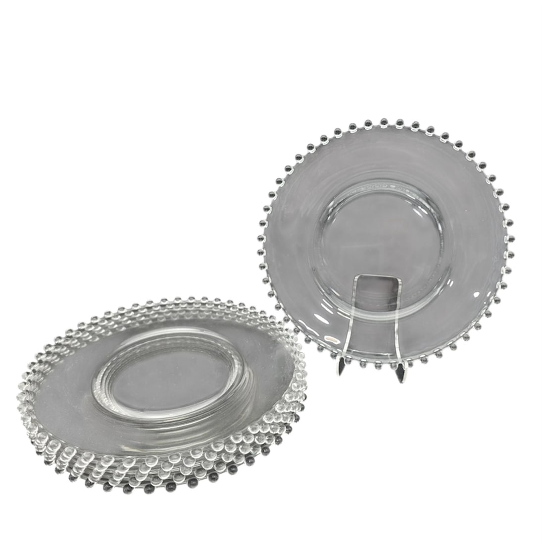 Imperial Candlewick Plates Crystal Clear Glass 8." Salad Set of 6 Vintage: A beautiful set of vintage clear glass small plates or bobeche candle rings. Each piece is designed with a classic recessed center ring and finished with a distinct, tightly spaced beaded or candlewic