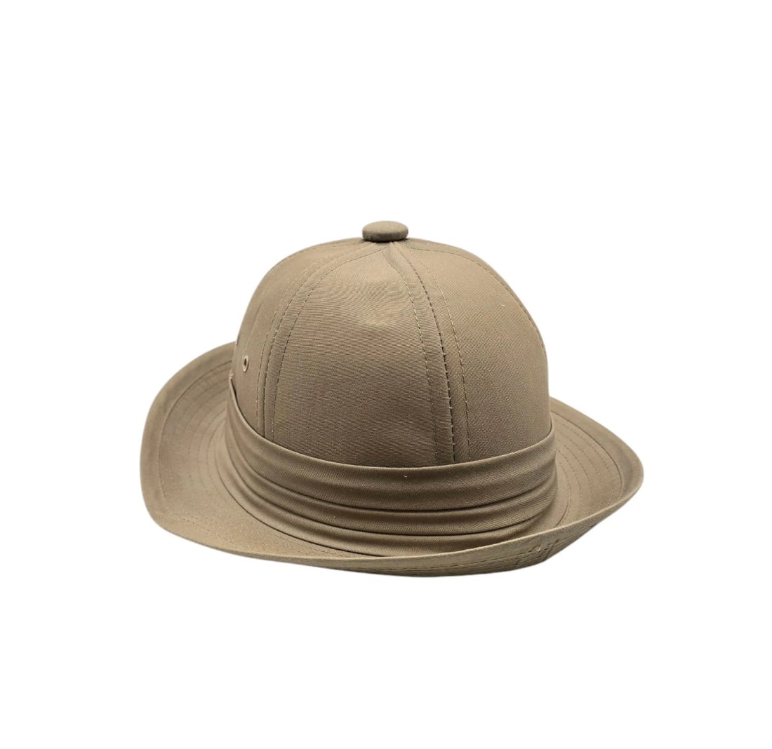 New With Tags Safari Sun Hat Size Medium Khaki: safari-style pith helmet. Built for sun protection and style, this structured hat features a wide downward-sloping brim, a matching fabric accent band wrapped around the crown, and a top button.Materi