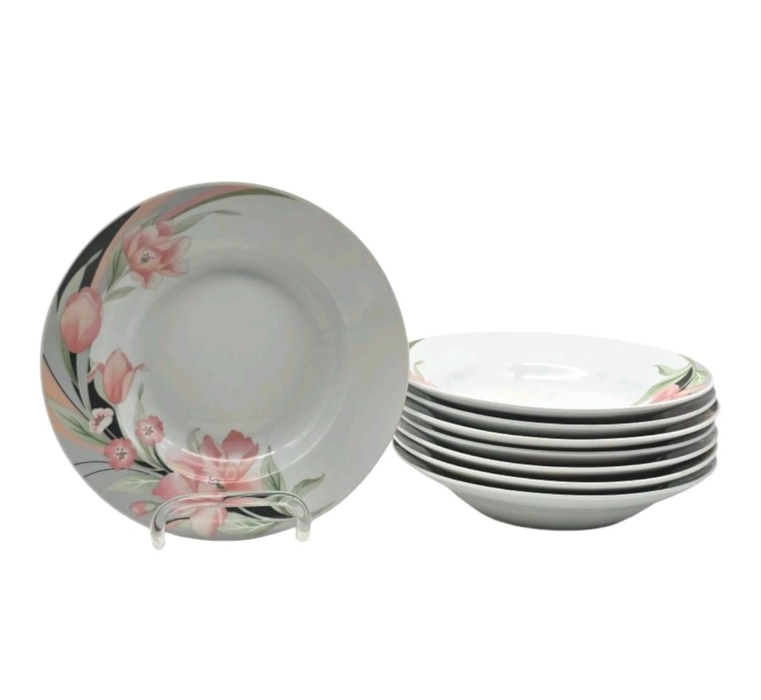 Lot of 8 Gibson Soup Bowls Pink Calla Lily Floral Spaghetti Dish: set of 8 rimmed fine porcelain soup or pasta bowls, perfectly matching the modern pink tulip dinner plates. They feature a deep center well and a wide rim decorated with a sweeping, artistic floral ar