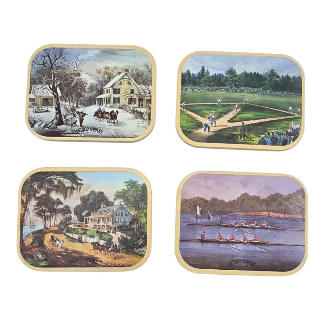 Vintage Southern Comfort Currier & Ives Style Coasters - Set of 4 Americana Scene: his is a delightful set of four vintage promotional coasters featuring classic 19th-century Americana artwork, subtly branded for "Southern Comfort." Each coaster depicts a different historical leisur