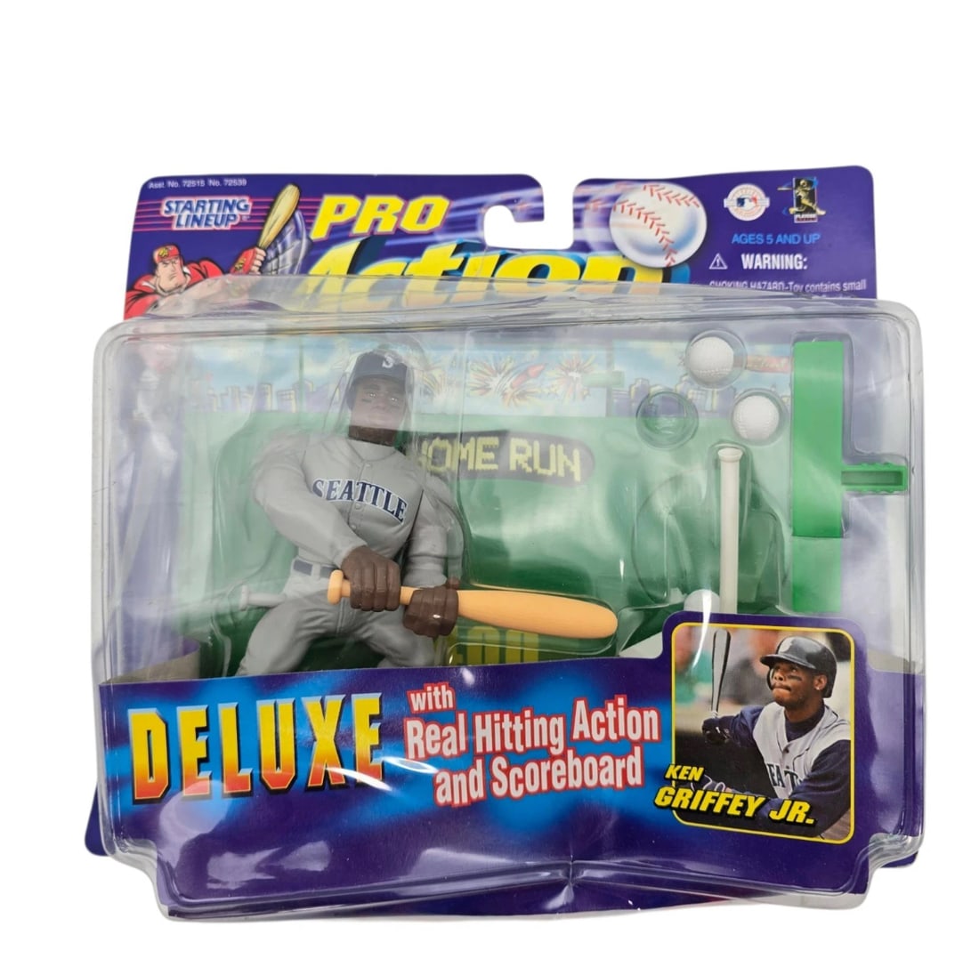 1998 Starting Lineup Pro Action Hasbro Ken Griffey Jr. Deluxe Hitting Action: must-have for sports memorabilia enthusiasts or Seattle Mariners fans! This is a brand new, factory-sealed Ken Griffey Jr. "Pro Action" deluxe figure from the iconic Starting Lineup series.Player / Te
