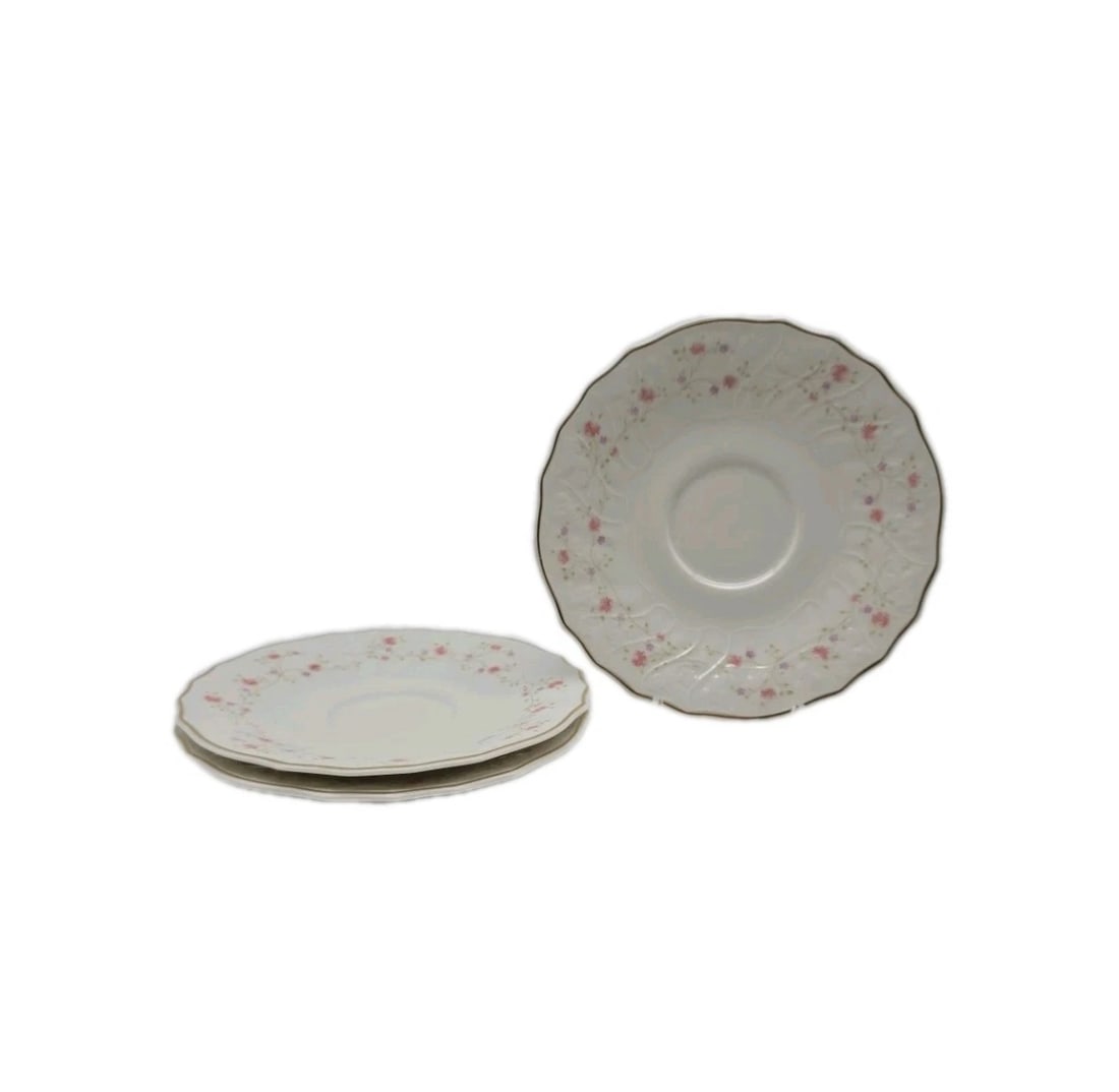 Set Of 3 Pink Floral Madeira ROYAL DOULTON The Moselle Collection English Saucer: A dainty set of three matching fine porcelain saucers or small dessert plates. Each piece features a delicate, swirling pink floral vine pattern over a crisp white base, accented with a scalloped, wav