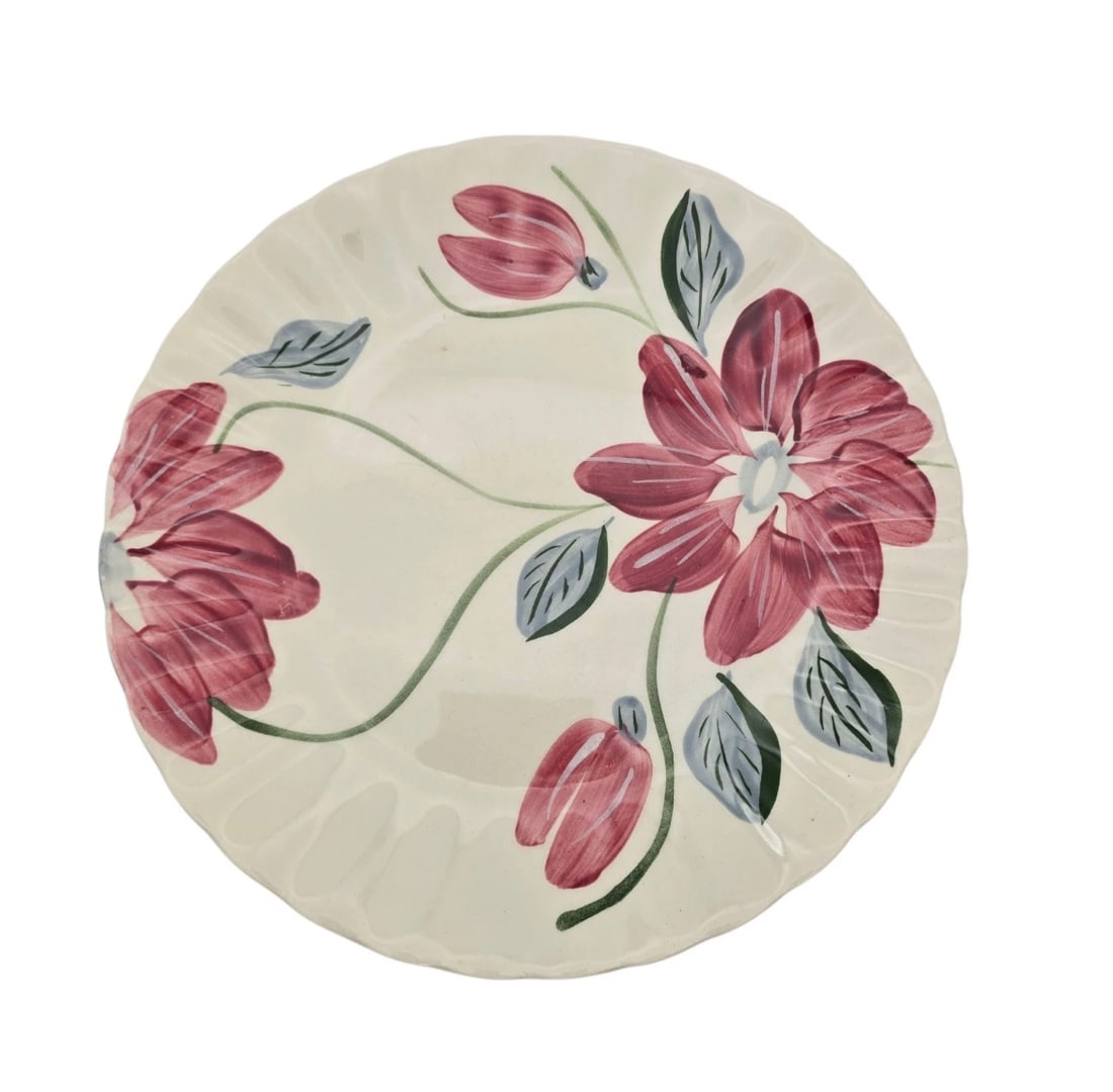 Blue Ridge Laura 9.5” Plate Southern Potteries Hand Painted USA 15P15: A matching mid-century hand-painted ceramic dinner plate from Blue Ridge Southern Potteries, mirroring the design of the previous lot. Features the signature bold pinkish-red floral blooms, wavy scall