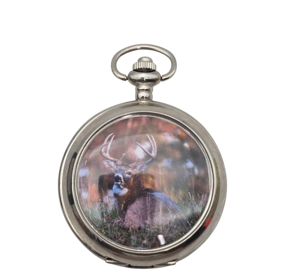 Deer Pocket Watch Silver Tone Hunting Needs Battery: A ruggedly handsome vintage silver-toned pocket watch case featuring a dome-covered photorealistic illustration of a majestic whitetail deer buck in a sun-dappled autumn forest setting.NOT TESTED