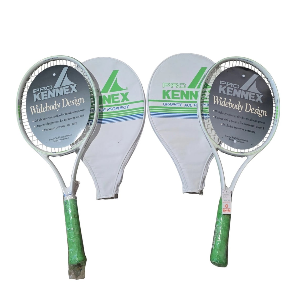 Set Of 2 NOS Pro Kennex Widebody Design Tennis Racket Grip: A matching pair of vintage Pro Kennex "Widebody Design" tennis racquets in the desirable Graphite Ace Prophecy model. Features a sleek white frame accented by clean neon green and blue racing