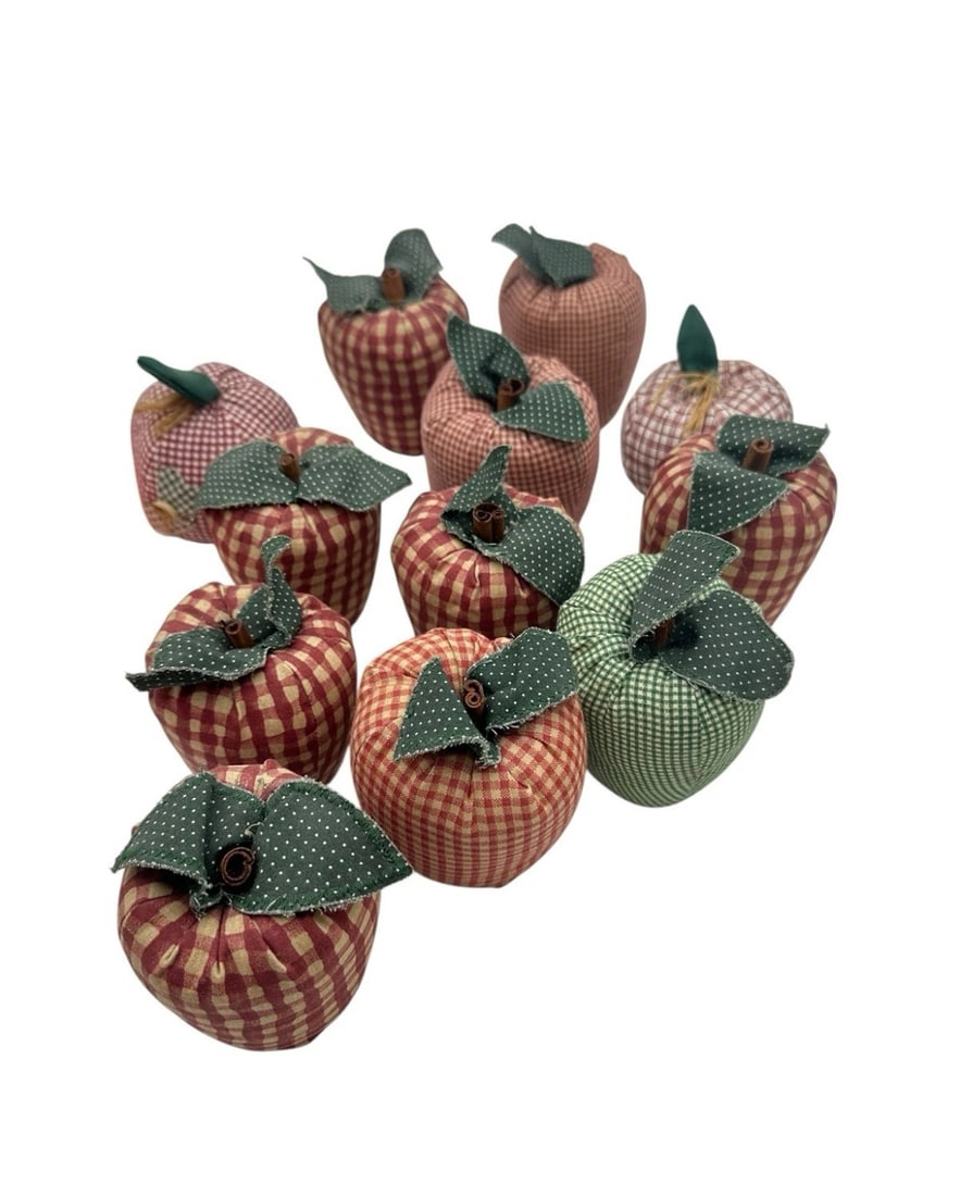 Quilted Cloth Apples set Of 12 Primitive Basket Decorative: A delightful, large collection of eleven (12) handmade country primitive fabric apple bowl fillers. Crafted from classic woven gingham and checkered textiles in warm rustic tones of barn red, forest g