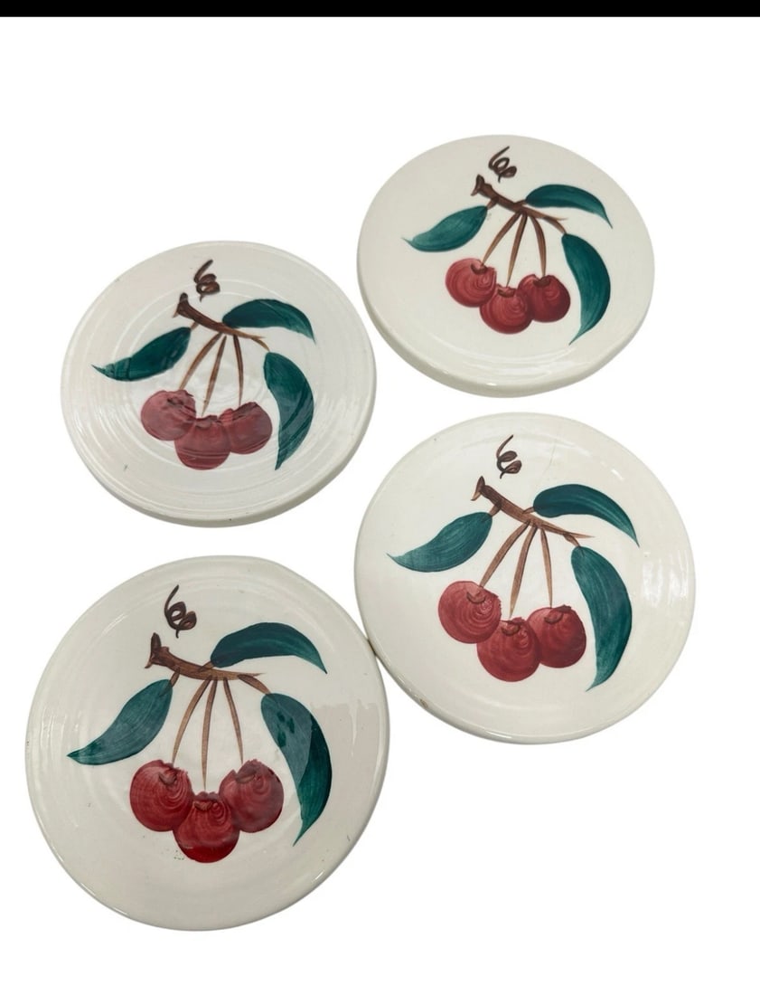 Vintage Hand-Painted Studio Pottery Cherry Stove Burner Covers - Set of 4: charming set of four (4) matching country-cottage kitchen stove burner covers, crafted from heavy-gauge glazed white studio pottery or stoneware. Each circular cover features an identical, artisanal h