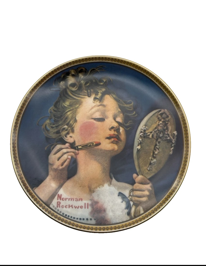 Vintage Knowles Norman Rockwell "Making Believe at the Mirror" Plate with COA: A vintage Edwin M. Knowles fine china collector plate showcasing Norman Rockwell's charming artwork, "Making Believe at the Mirror." This is the fourth plate issued in the limited-edition Rockwell's R