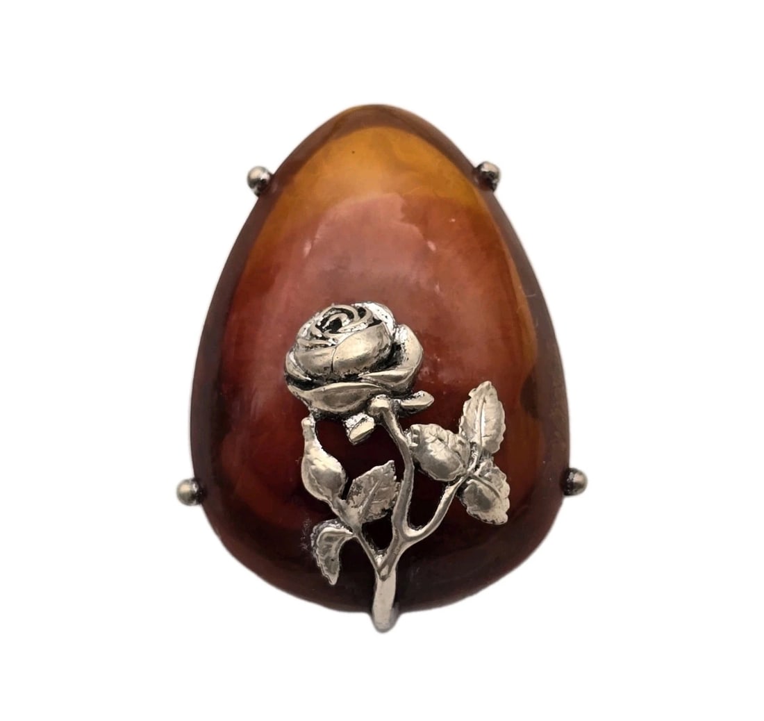 Brown Agate With Sterling Silver Rose Brooch Vintage Pin Brooch (1 of 4)