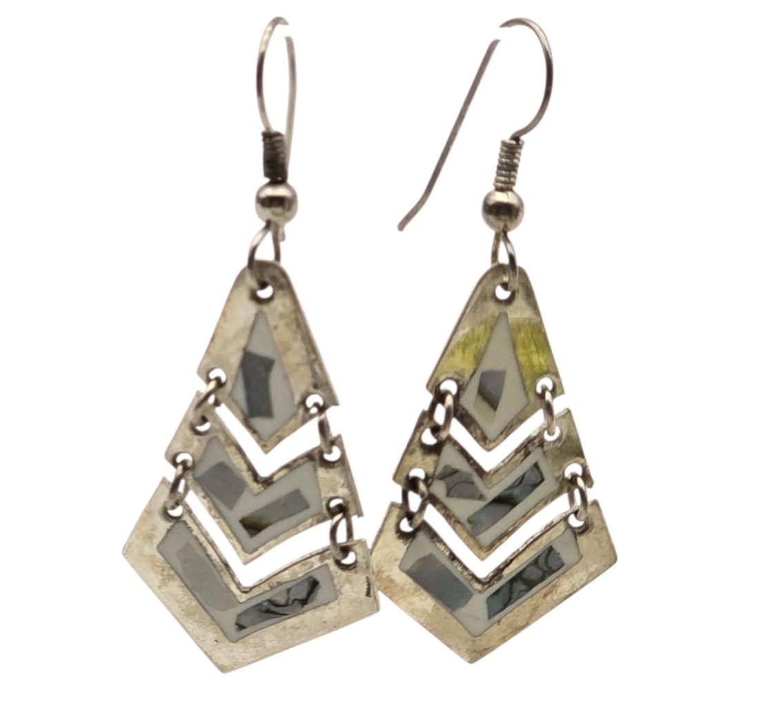 Silver Abalone Inlay Dangle Earrings Chevron Zigzag Design Mexico (1 of 5)
