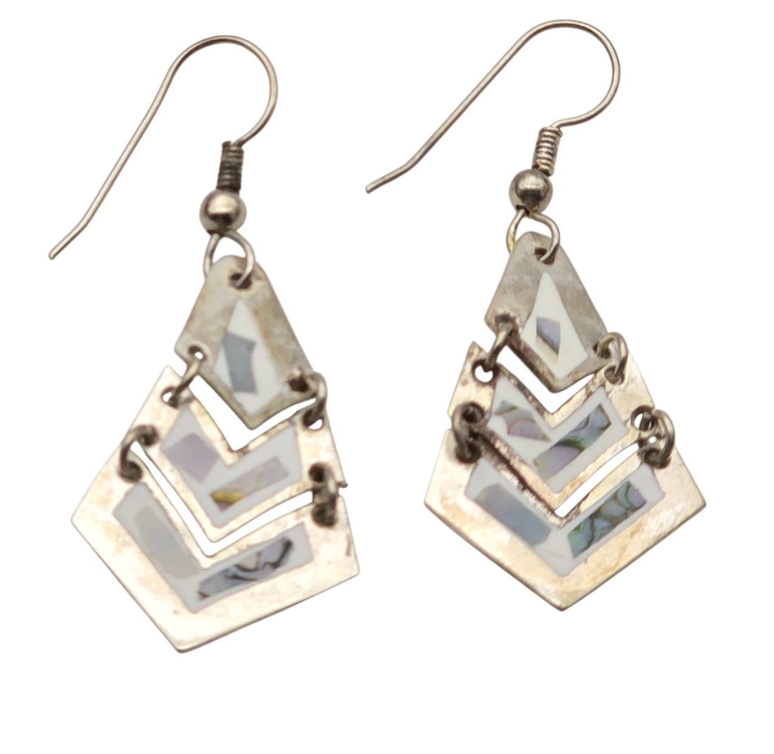 Silver Abalone Inlay Dangle Earrings Chevron Zigzag Design Mexico - 2