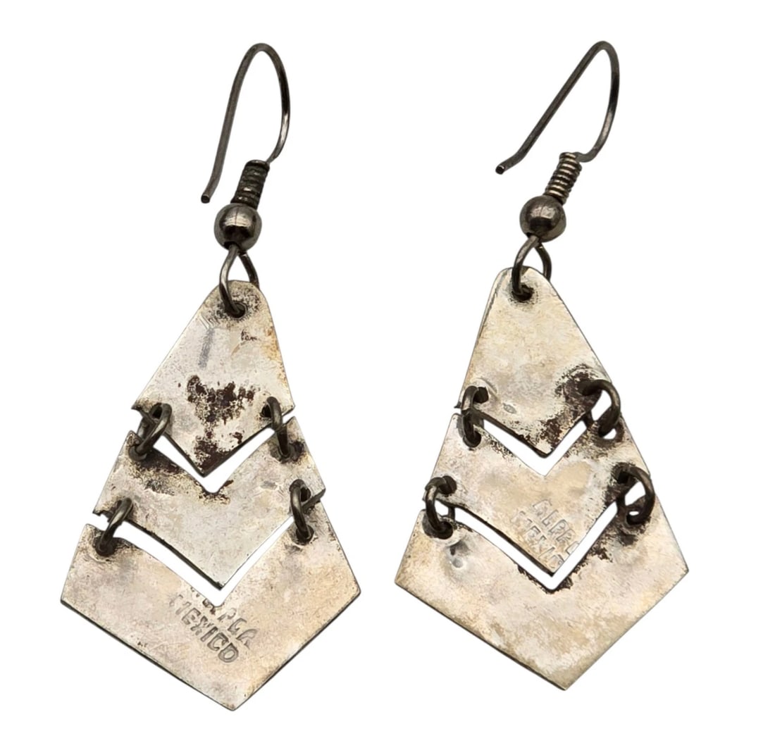 Silver Abalone Inlay Dangle Earrings Chevron Zigzag Design Mexico - 3