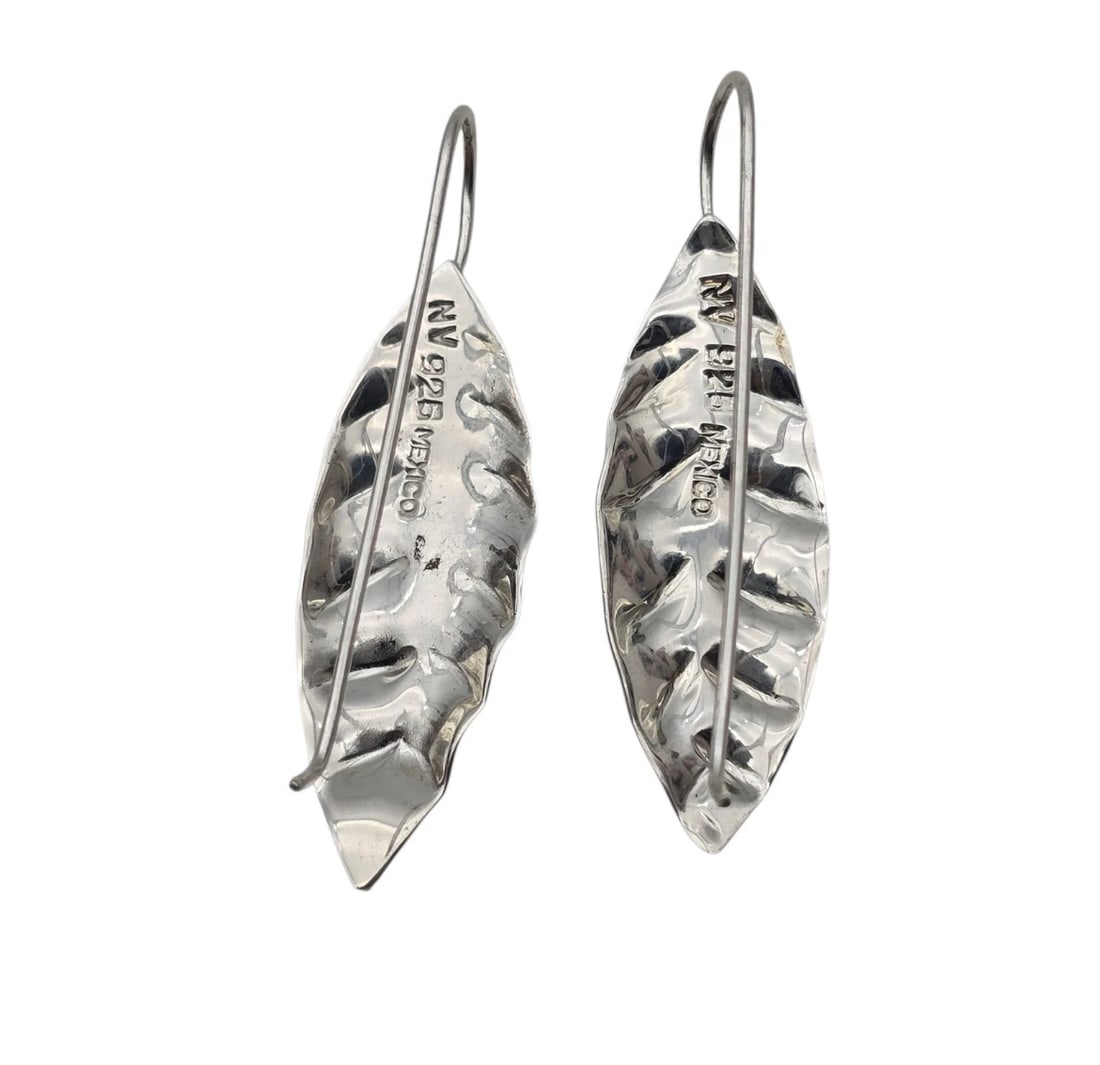Mexico Made Sterling Leaf Pattern Lightweight Drop Earrings - 3