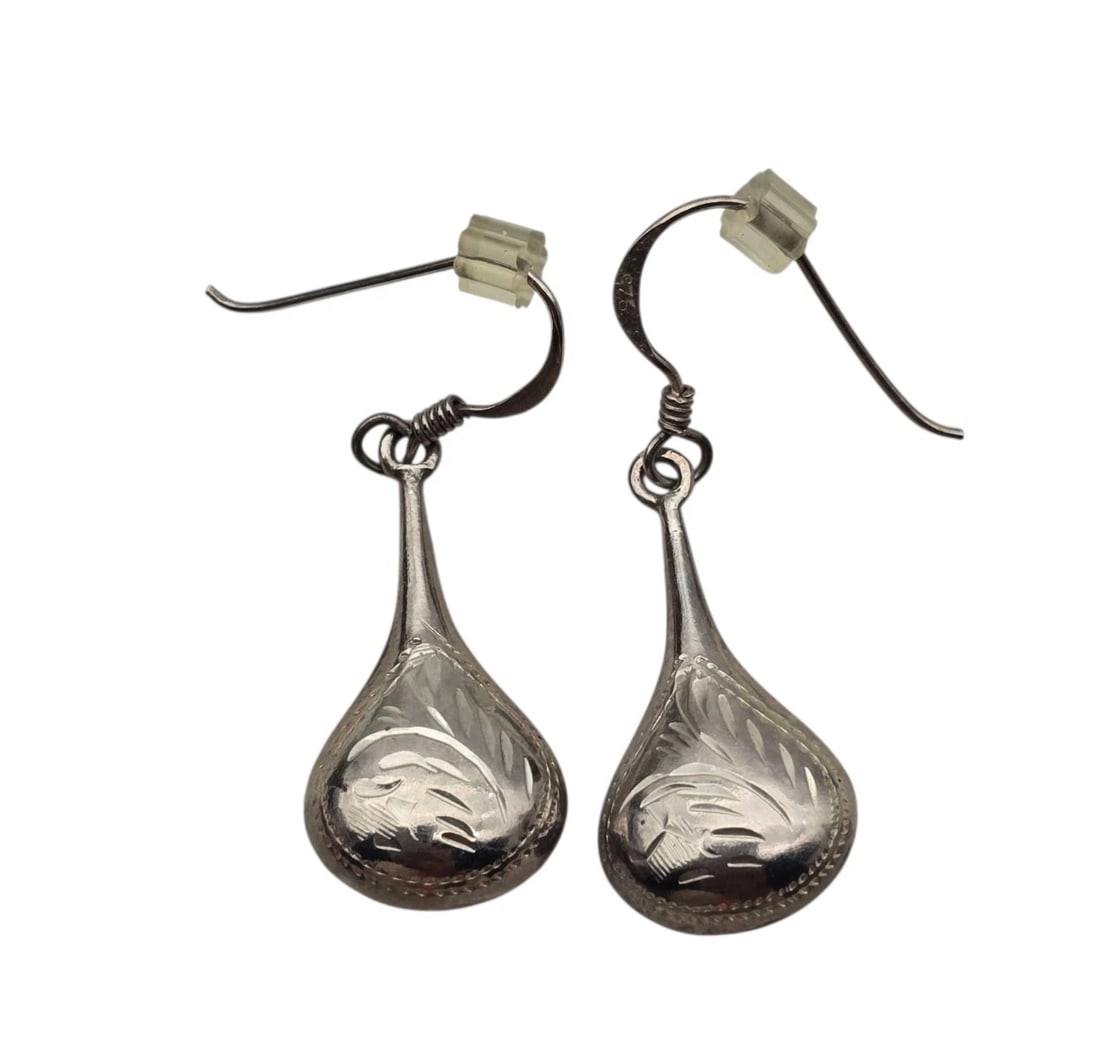 Sterling Silver 925 Hand-Made Etched Teardrop Dangle Pierced Earrings (1 of 3)