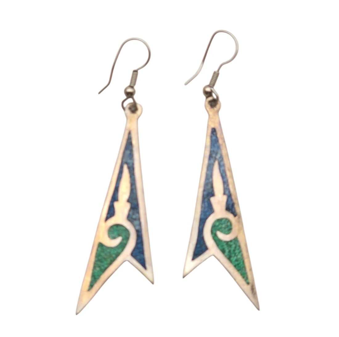 Vtg Signed Silver Mexico Inlaid Dangle Hook Earring Turquoise 3' (1 of 4)
