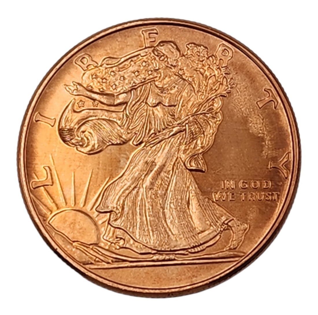 1oz Walking Liberty American Eagle Solid Copper Coin .999 Bullion Round BU: Commemorative pure copper bullion round token featuring the iconic, historic American "Walking Liberty" design. The obverse depicts Lady Liberty draped in the American flag walking toward a rising sun