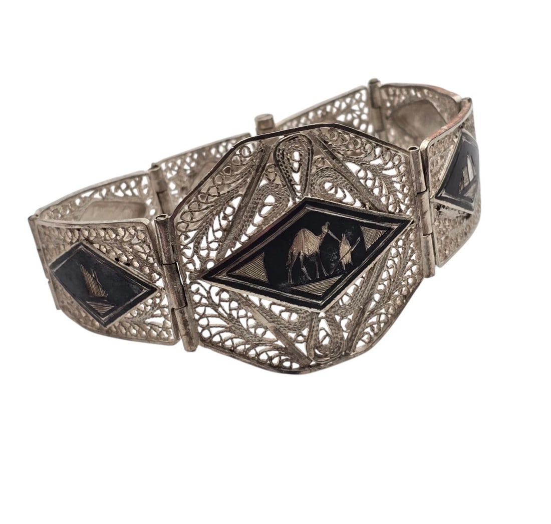 Vintage 1940s Antique Handmade Silver Filigree Etchwork Inlay Bracelet (1 of 6)