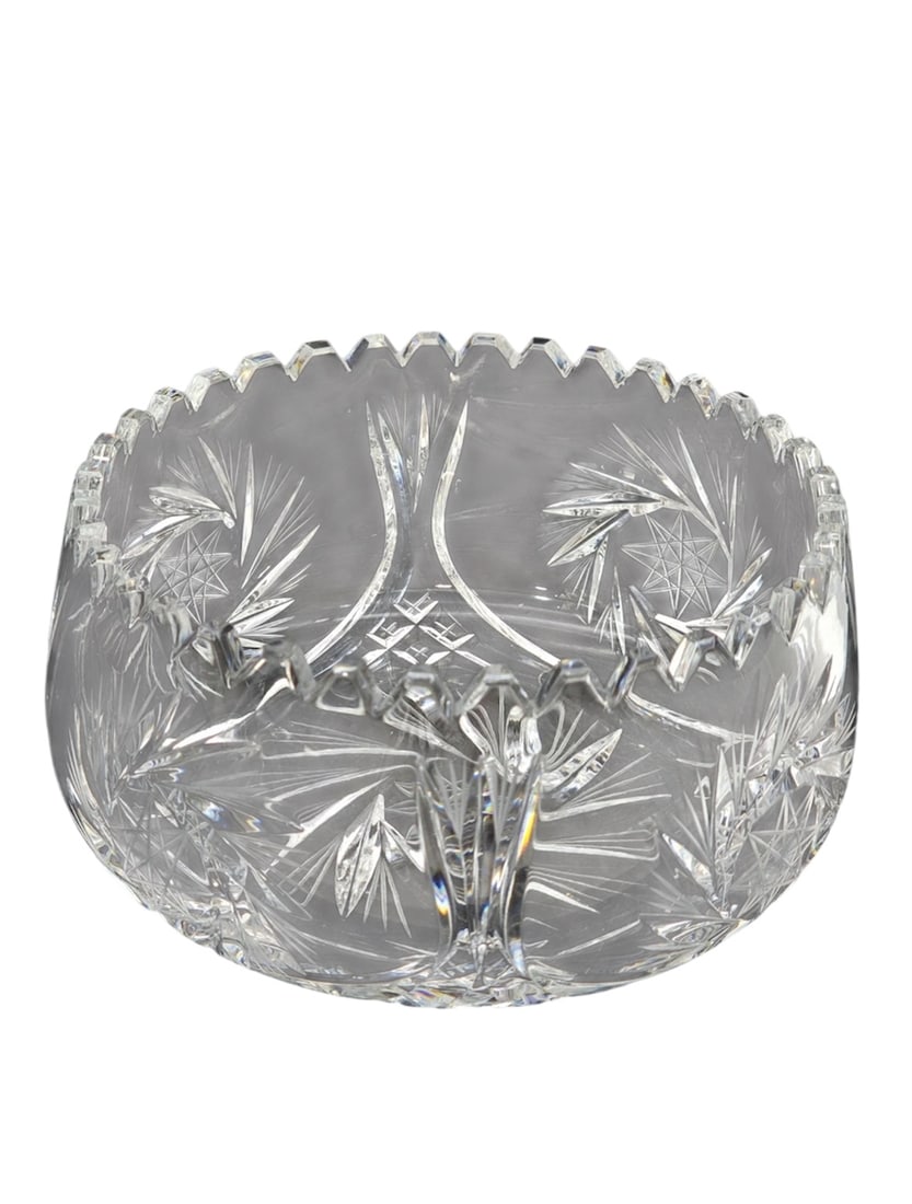 German Crystal Bowl 6.75" Hand-Cut Pinwheel & Star, Notched Rim: Stunning vintage American Brilliant Period (ABP) style clear cut-crystal centerpiece bowl. Features an intricate, deeply cut pattern showcases large pinwheels, fine cross-hatching, and multiple multi-