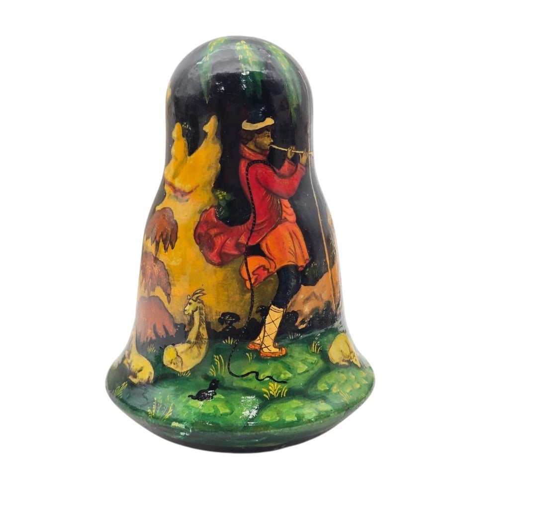 Folk Art Wooden Bell Doll Matryoshka Figurine Shepherd Goat Scene: Beautiful vintage hand-painted wooden collector's bell finished in a glossy black lacquer lacquer. Decorated in a traditional Russian folklore style, featuring a detailed pastoral scene of a shepherd 
