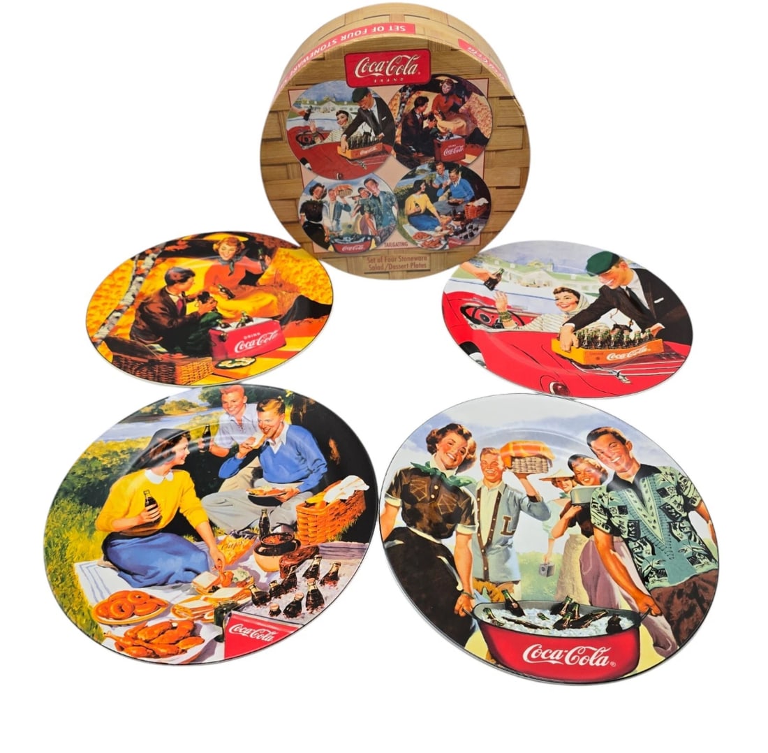 Coca Cola Tailgating Set Of 4 Four Sakura Stoneware Salad Dessert Plates NEW: A nostalgic treat for any collector! This official Coca-Cola branded set includes four stoneware salad/dessert plates, each beautifully decorated with different retro mid-century illustrations depicti