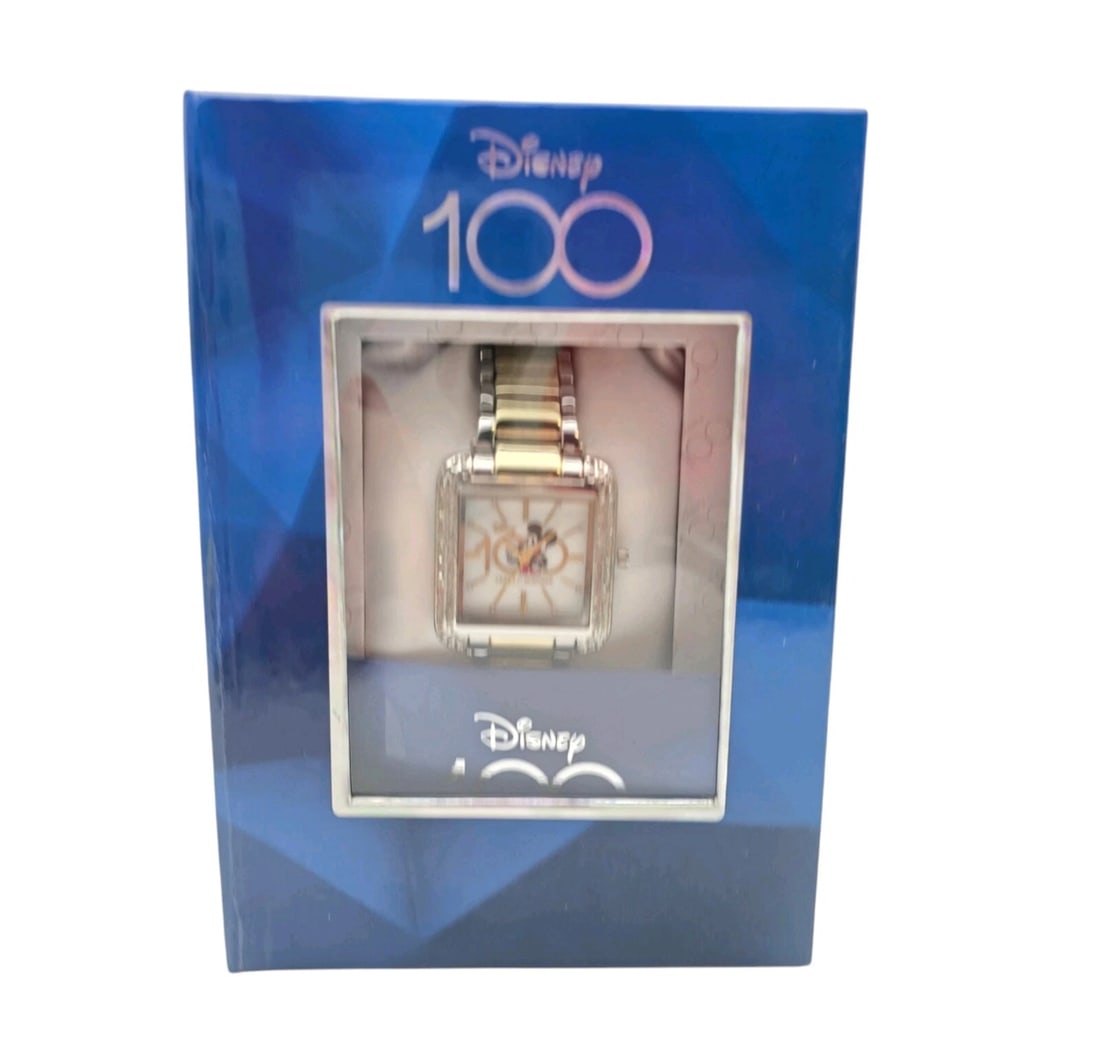 Disney 100 Anniversary Mickey Mouse Bracelet Watch Silver Gold Band: Celebrate a century of magic with this collectible Disney 100 wrist watch. Commemorating the "100 Years of Wonder" anniversary, this watch features a square face showcasing Mickey Mouse surrounded by 