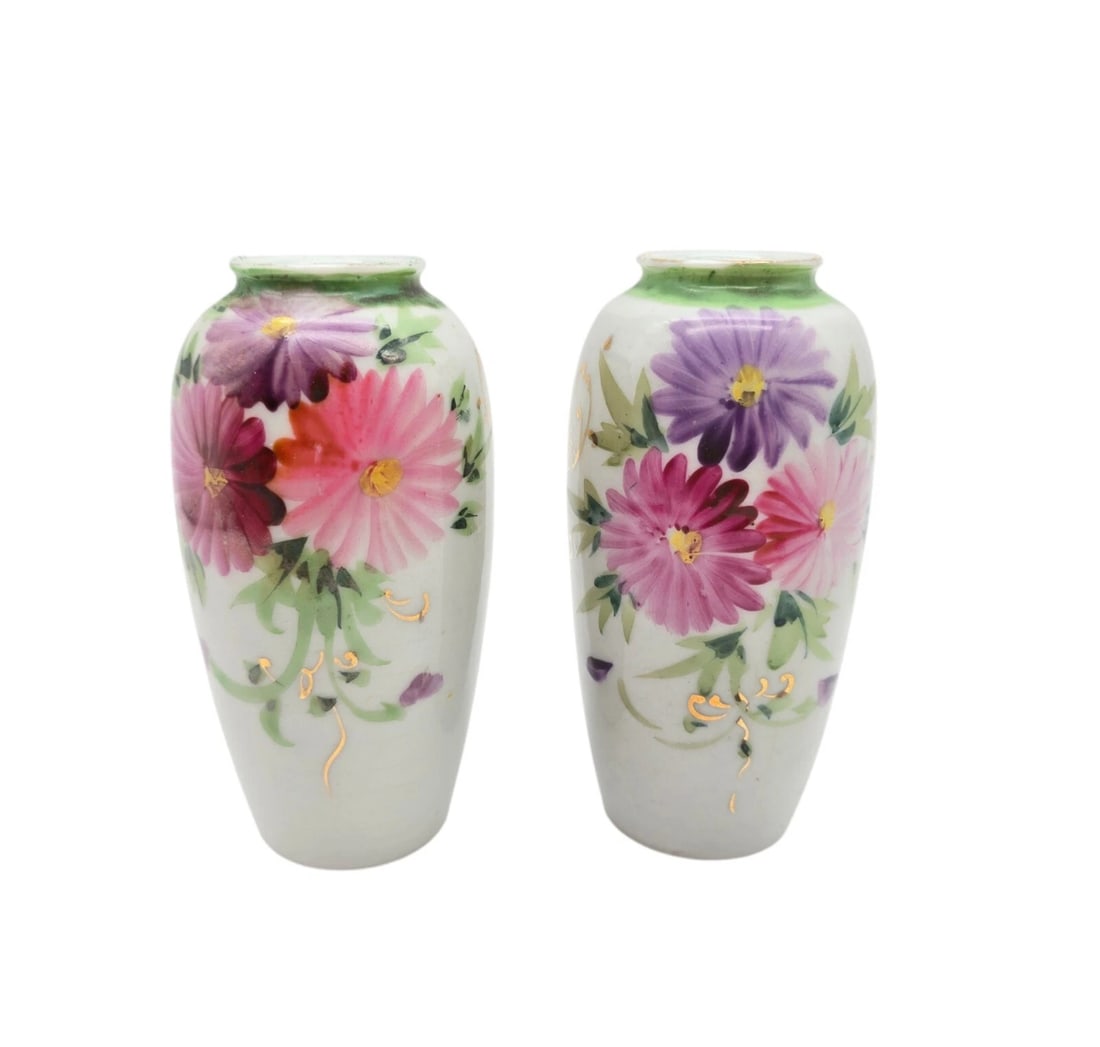 Vintage Ceramic Art Vase Witg Pastel Flowers And Gold Details 4 5/8" Tall: A delightful pair of porcelain cabinet vases featuring vibrant, hand-painted floral designs. Each vase is decorated with large chrysanthemum or aster blossoms in shades of magenta, pink, and deep purp