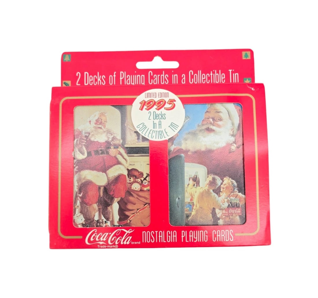 Vintage Coca Cola Santa Collectible Tin Playing Card 1995 Christmas New Sealed: A wonderful piece of holiday and soda memorabilia! This vintage 1995 Coca-Cola Limited Edition set includes two complete decks of nostalgia playing cards housed inside a collectible metal storage tin.