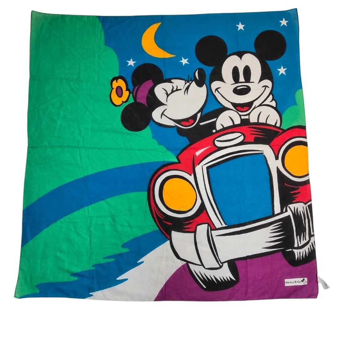 Vintage Mickey Minnie Mouse Scarf By J.G Hook 100% Cotton: A vibrant, retro throwback piece of Disney memorabilia! This large scarf features a bold, colorful graphic of Mickey and Minnie Mouse smiling and waving while driving down the coast in a bright red re