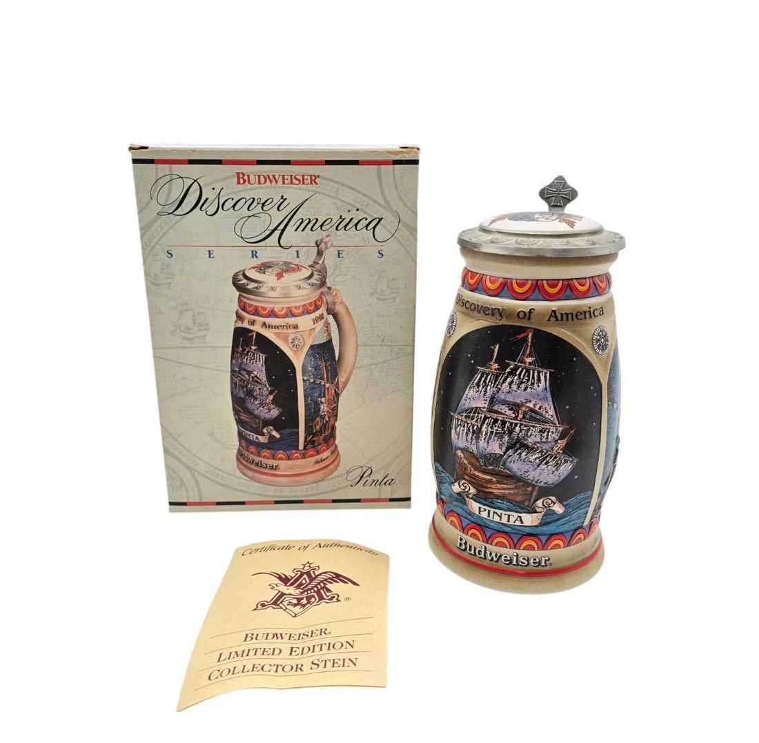 Budweiser Anheuser Busch Discovery of America Lidded Beer Stein Pinta 1492 COA: A highly detailed, collectible piece of breweriana celebrating history. This 1992 Budweiser Limited Edition Collector Stein is part of the iconic "Discover America Series" and features the historic sa