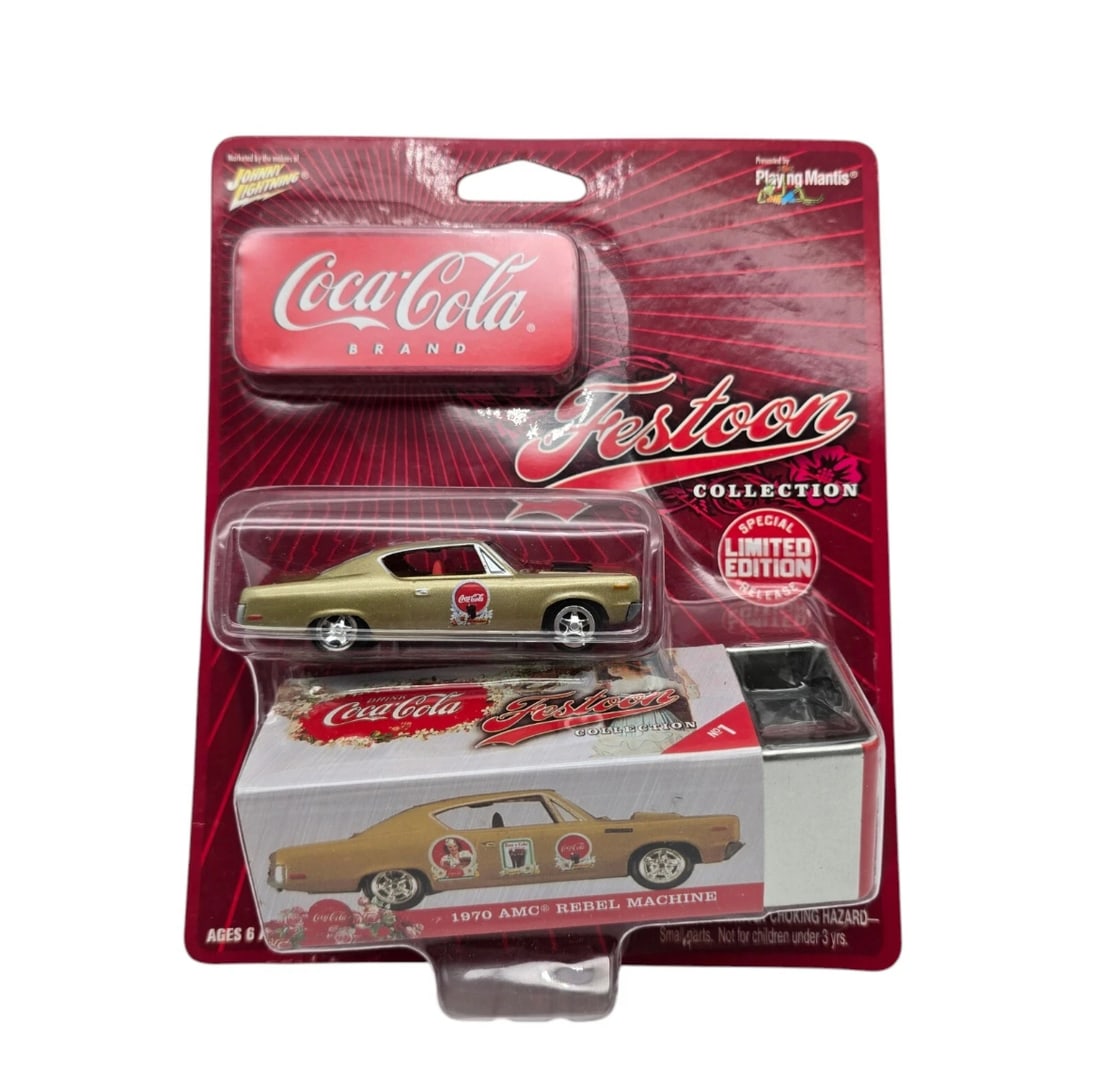 Johnny Lightning Coca-Cola Festoon Collection 1970 AMC Rebel Machine: A premium piece for die-cast and soda collectors alike. From the Johnny Lightning Festoon Collection, this Special Limited Edition release features a beautifully finished gold 1970 AMC Rebel Machine. 