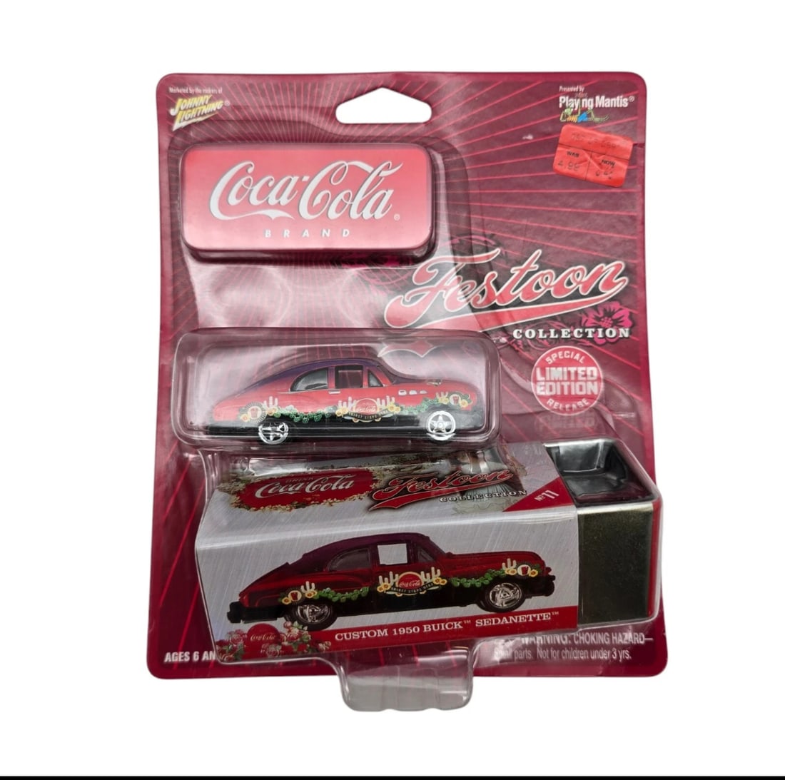 Johnny Lightning Coca-Cola Festoon Collection 1950 Buick Sedanette: Vintage styling meets classic holiday advertising. This Festoon Collection No. 11 features a gorgeous, deep metallic burgundy Custom 1950 Buick Sedanette decorated with a festive yellow flower festive
