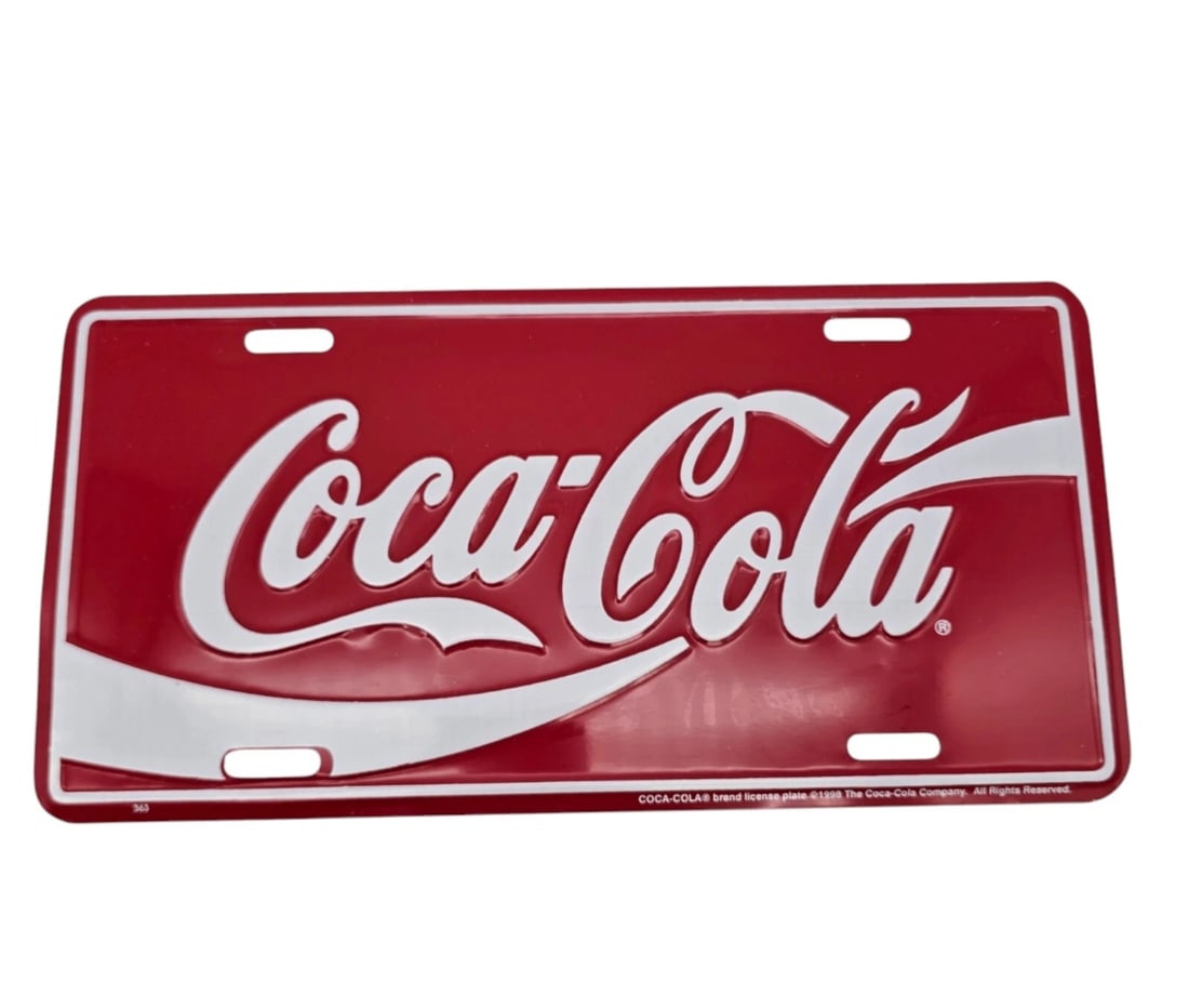 Coke Coca-Cola Soda Logo Metal Embossed Advertising License Plate NOS New 1998 (1 of 2)