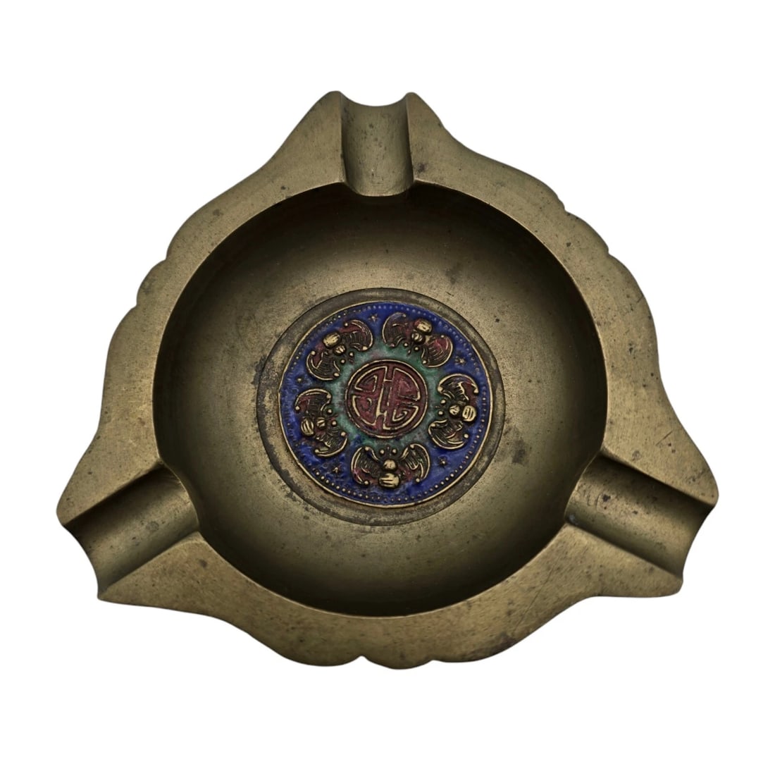 Vtg Brass Enamel Bats China Ashtray Decorative Arts 4in": A heavy, traditional Chinese cast brass ashtray featuring a distinct three-slot tricorn shape. The center of the well is inset with a detailed cloisonné enamel medallion featuring a central stylized 