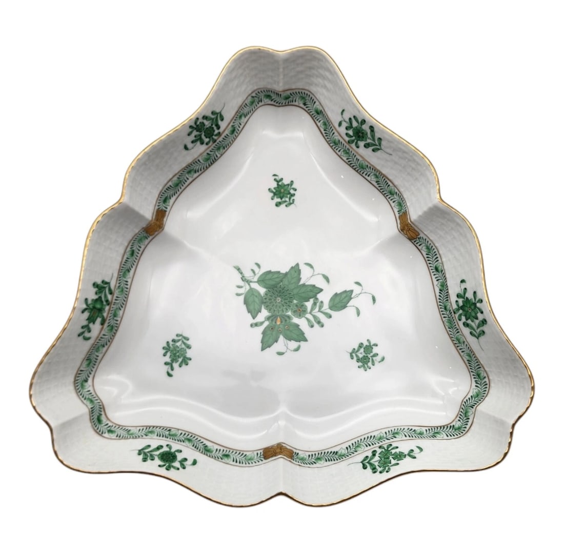 Herend 1191 Green Chinese Bouquet Triangle Serving Dish Bowl 24kt Trim Hungary (1 of 5)