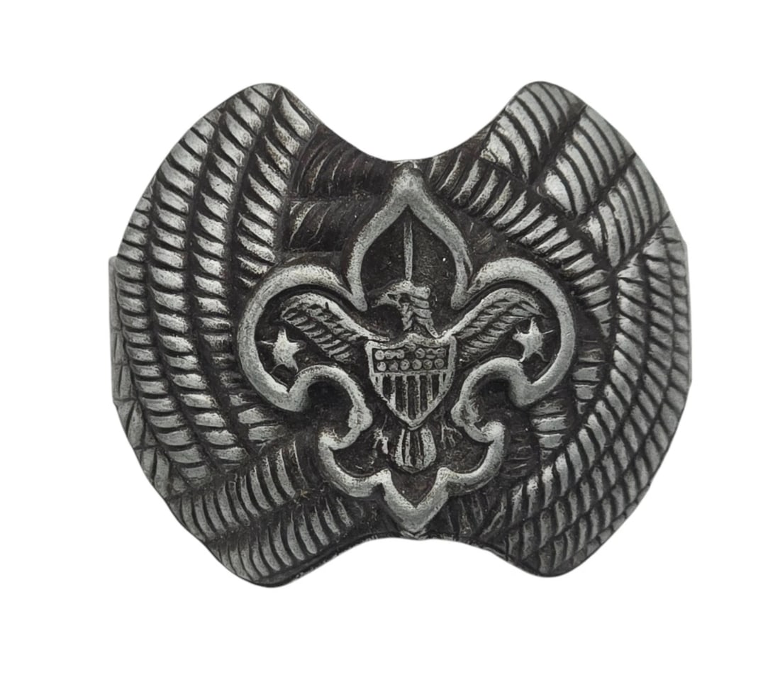 Vintage Boy Scout Bolo Tie Slide Clip Neckerchief Boy Scouts of America Bandana: An official vintage silver-tone cast metal Boy Scouts of America (BSA) neckerchief slide (woggle). The design features the traditional Eagle Scout / First Class fleur-de-lis emblem with a shield and e