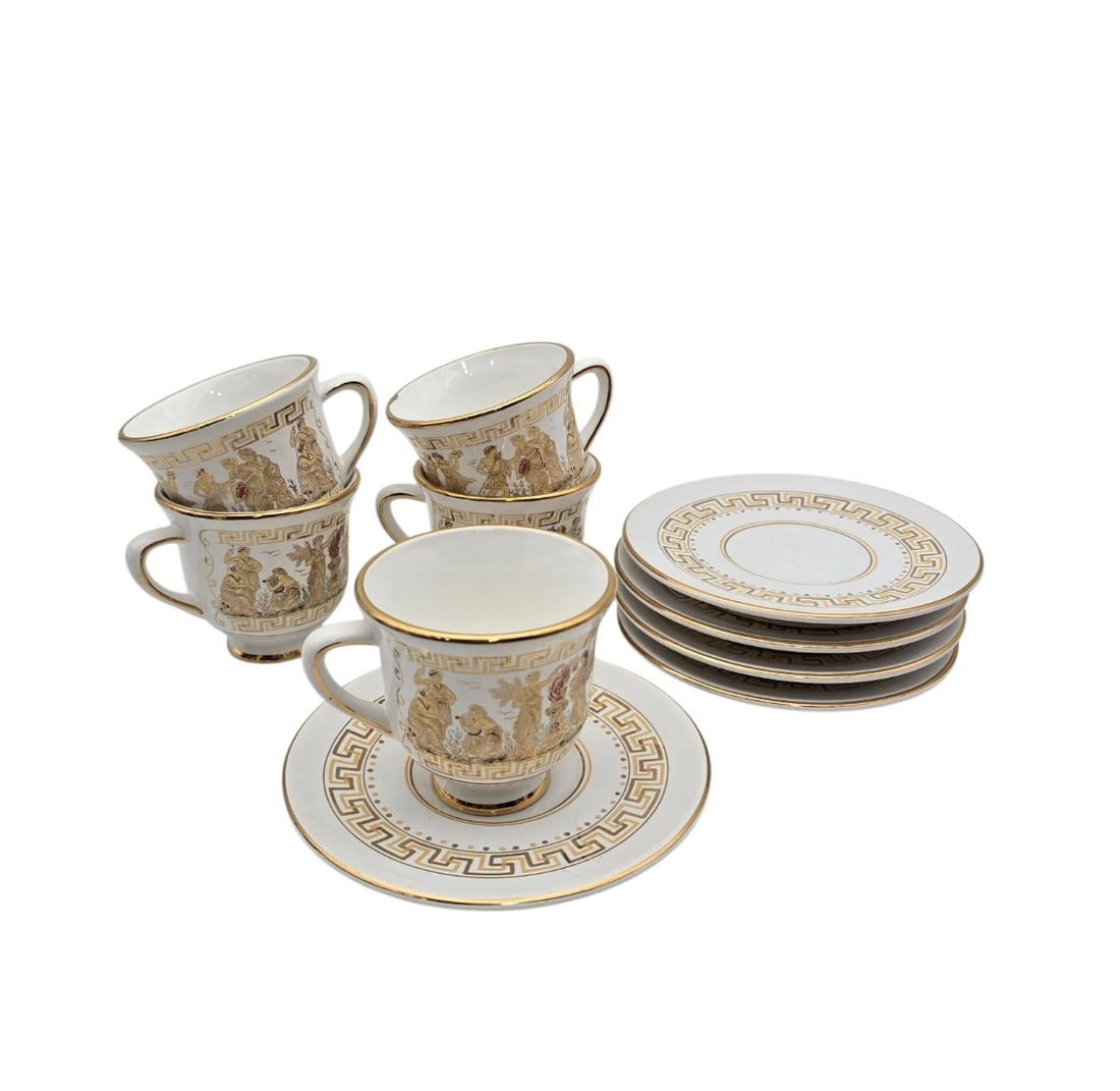 Set of 5 Ceramic White & 24K Gold Greek Cups & Saucers Coffee Tea Neofitou (1 of 5)