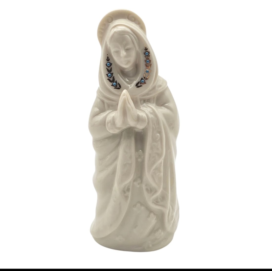 Lenox China Jewels Nativity Mary / Madonna Figurine Made in USA Handpainted #2: A serene, glossy white porcelain figurine depicting the Virgin Mary with her hands clasped in prayer. Her veil is elegantly accented with delicate painted gold scrollwork and tiny inset blue beads or 