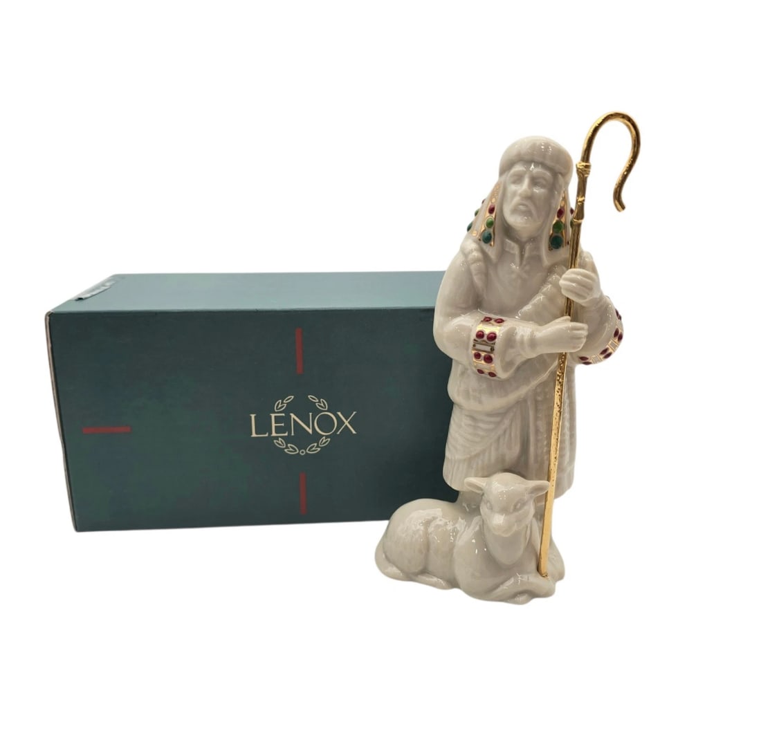Lenox China Jewels Nativity Shepherd with Gold Staff and Lamb w/Box: intricate fine ivory porcelain nativity figurine from Lenox featuring a standing shepherd holding a metallic gold-toned staff, with a small lamb resting calmly at his feet. The figure is accented with