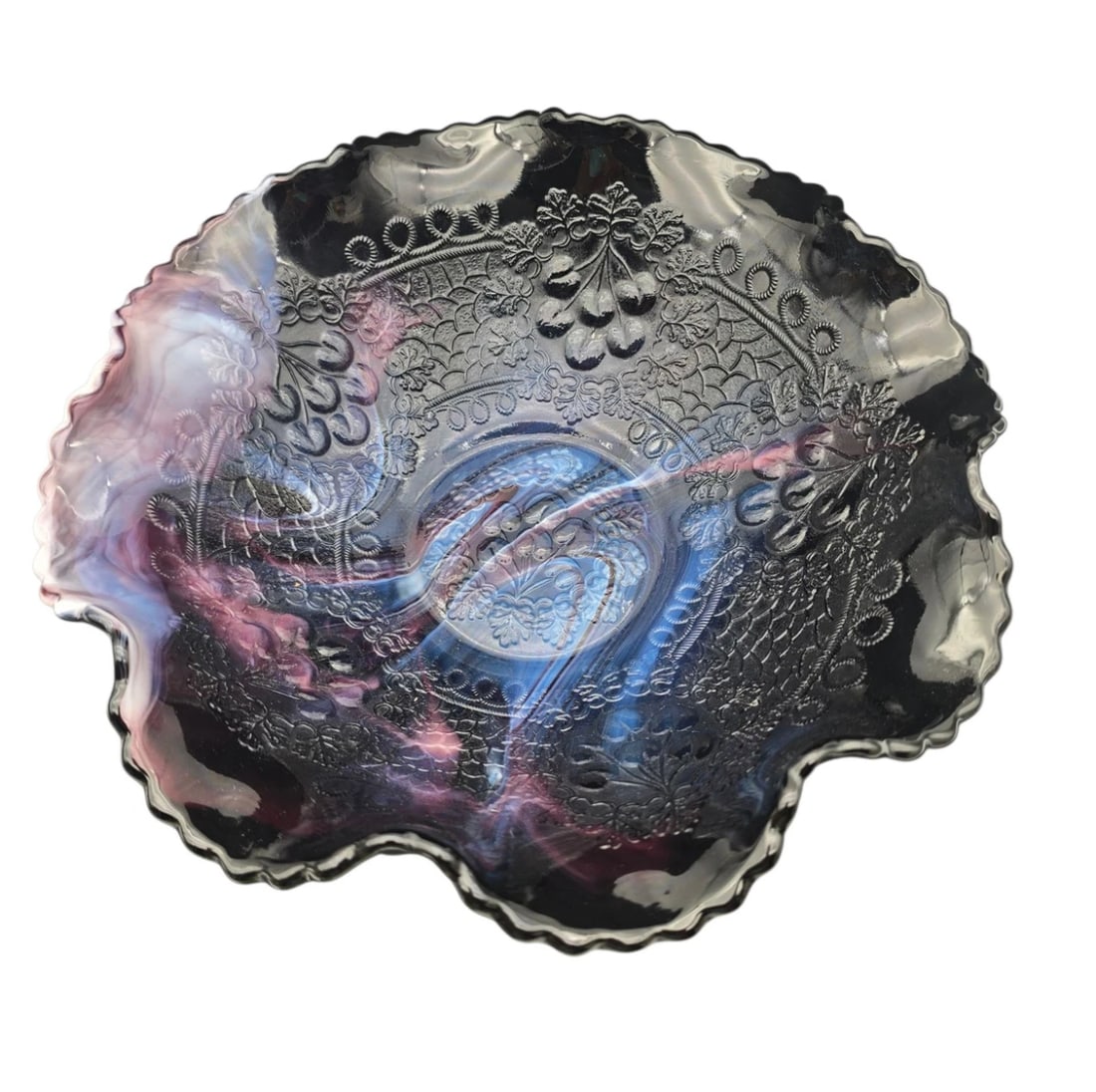 Fenton Iridescent Purple Milk Glass Swirl Bowl with Ruffled Edge Daisy Cherry: A striking vintage carnival/slag glass bowl featuring a deep purple and milky white marbled swirl. The interior is embossed with an intricate Imperial Grape pattern complete with heavy vines, leaves,