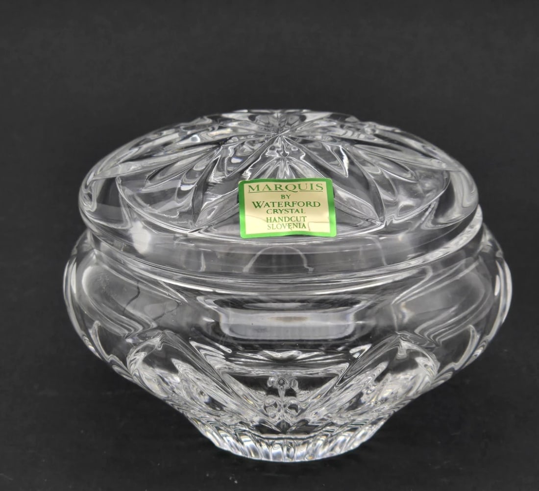 Marquis by Waterford Crystal Trinket Dish with Lid: heavy, brilliant hand-cut crystal round trinket box or powder jar from the Marquis by Waterford collection (crafted in Slovenia). It features a wavy, contoured lower bowl and a matching removable lid 