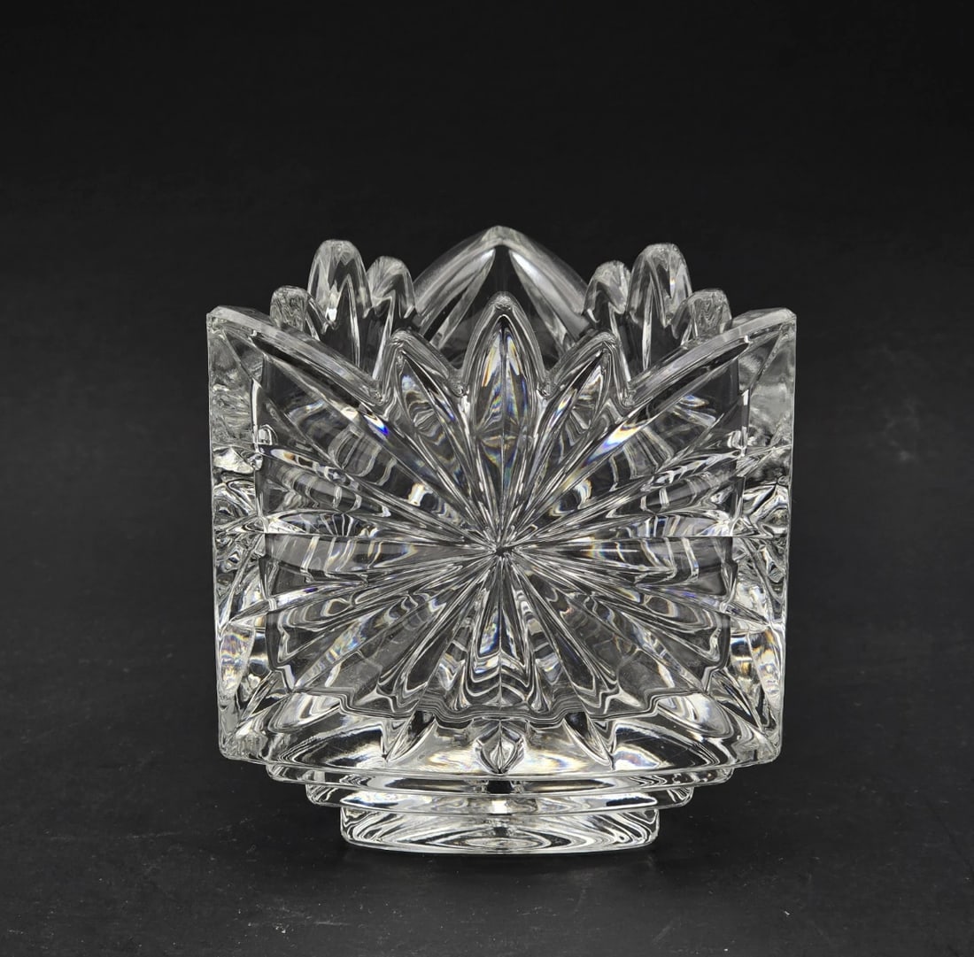 Mikasa Footed Lead Crystal Triangle Votive Tealight Candle Holder Fire Blossom: featuring a dramatic, multi-pointed pinwheel or starburst geometric cut design on its sides. The top features a highly stylized, sawtooth jagged edge that echoes the sharp lines of the brilliant-cut