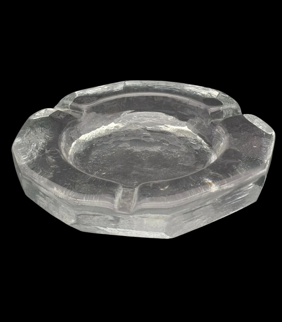 Vintage Ashtray Heavy Frosted Clear Glass Ice Facet 1980s 8" Wide (1 of 2)