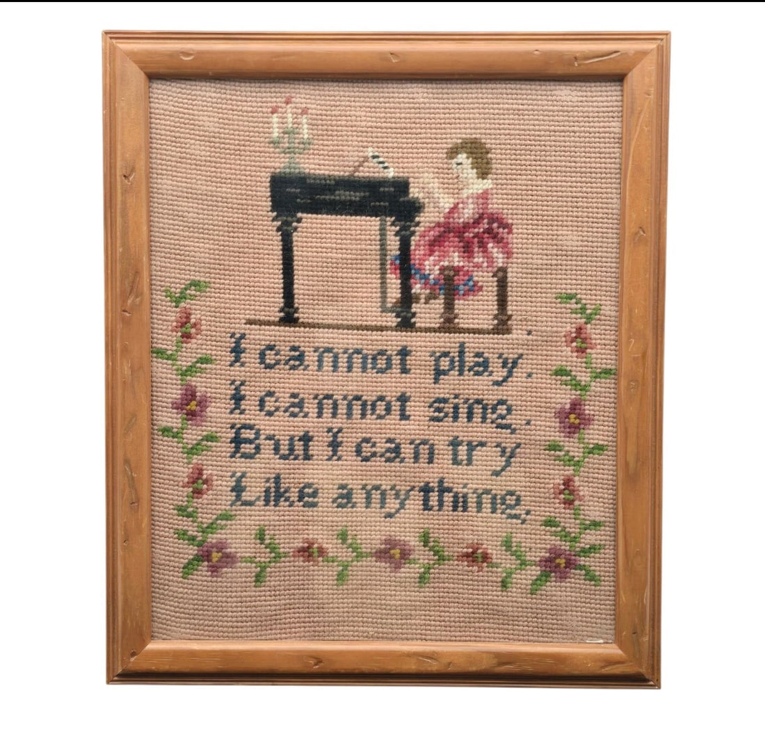 Vintage Framed Needlepoint Wall Art "I can not play... But I can try" (1 of 4)