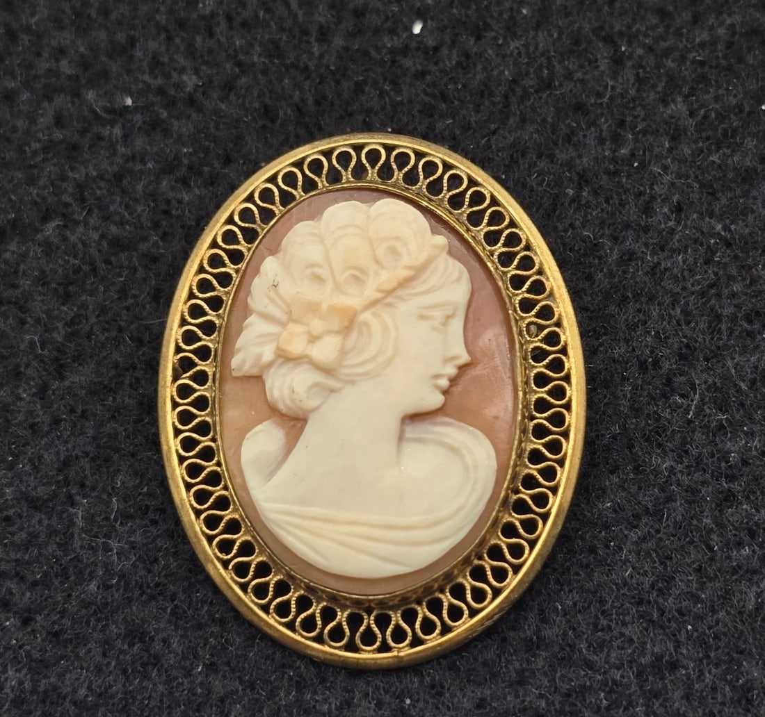 Vintage Winard Shell Cameo Brooch Pin Gold Tone Filigree Ornate Oval Frame: oval cameo brooch featuring a classic left-facing female silhouette carved in relief against a warm peach-toned background. The portrait is housed in an elegant gold-tone openwork filigree frame with 